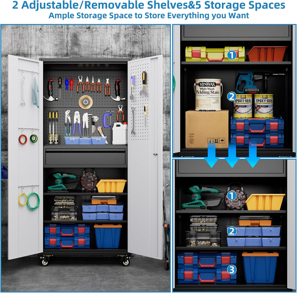 METAN 71' H Metal Storage Cabinet with Wheels with 5 Pegboards and 1 Drawer,Lockable Steel Tool Cabinet for Garage,Warehouse,Assembly Required,Black+Gray