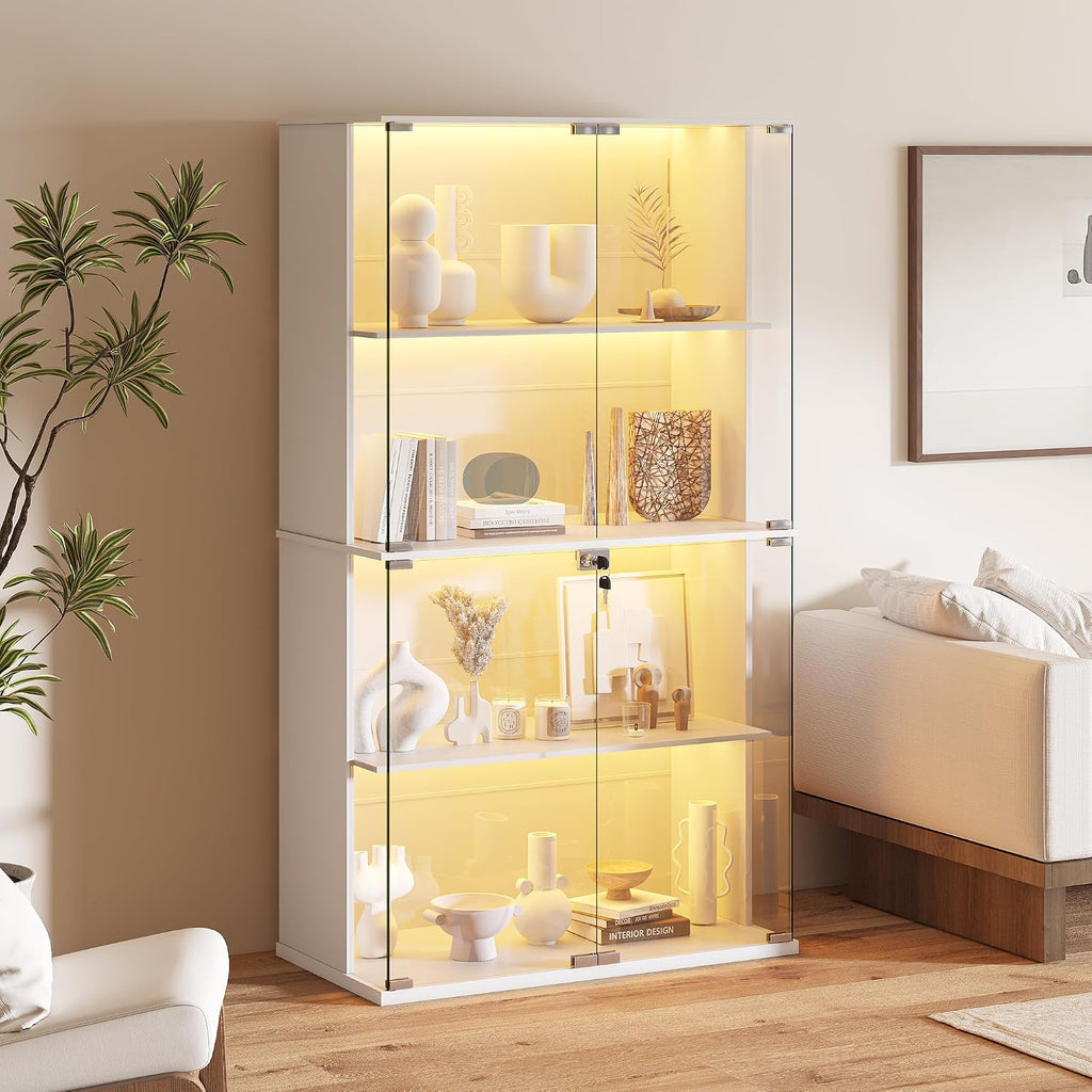 HNEBC White Display Cabinet with Glass Door,Lighted 4-Tier Curio Cabinet with3 Color Lights for Collectibles Bookcases,66' Display Case with Human Body Sensor for Living Room/Game Room