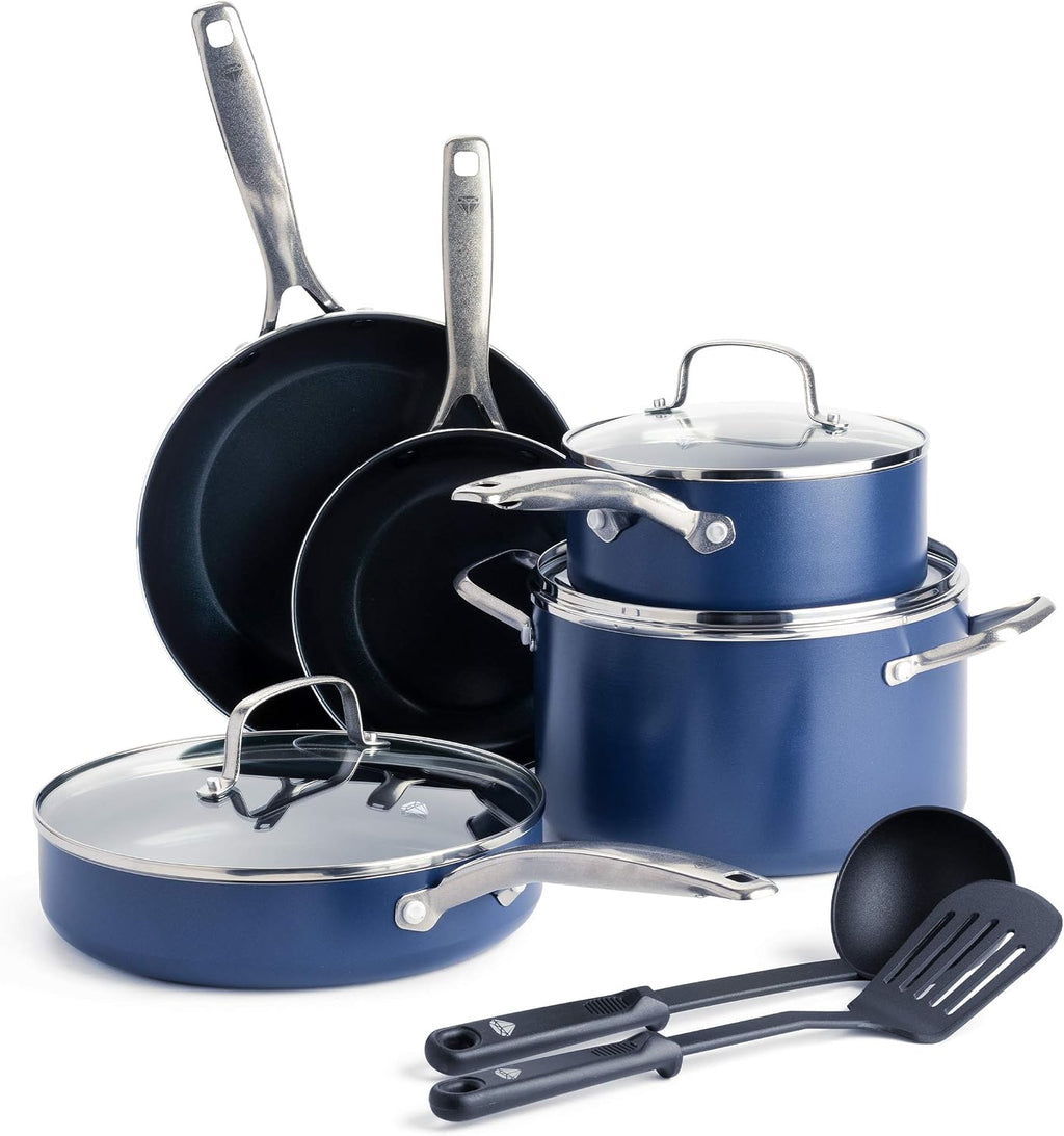 Blue Diamond Cookware Diamond Infused Ceramic Nonstick 10 Piece Cookware Pots and Pans Set, Blue & Sharp Stone Nonstick Stainless Steel Cutlery, 3 Piece Set, Blue