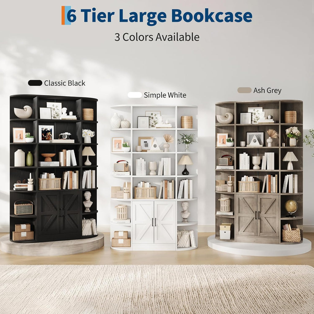 IDEALHOUSE 75in Tall Bookshelf with Storage, 6-Tier 47' Wide Modern Farmhouse Standing Bookcase Cabinet Display Shelf Organizer for Home Office Living Room Bedroom, Black