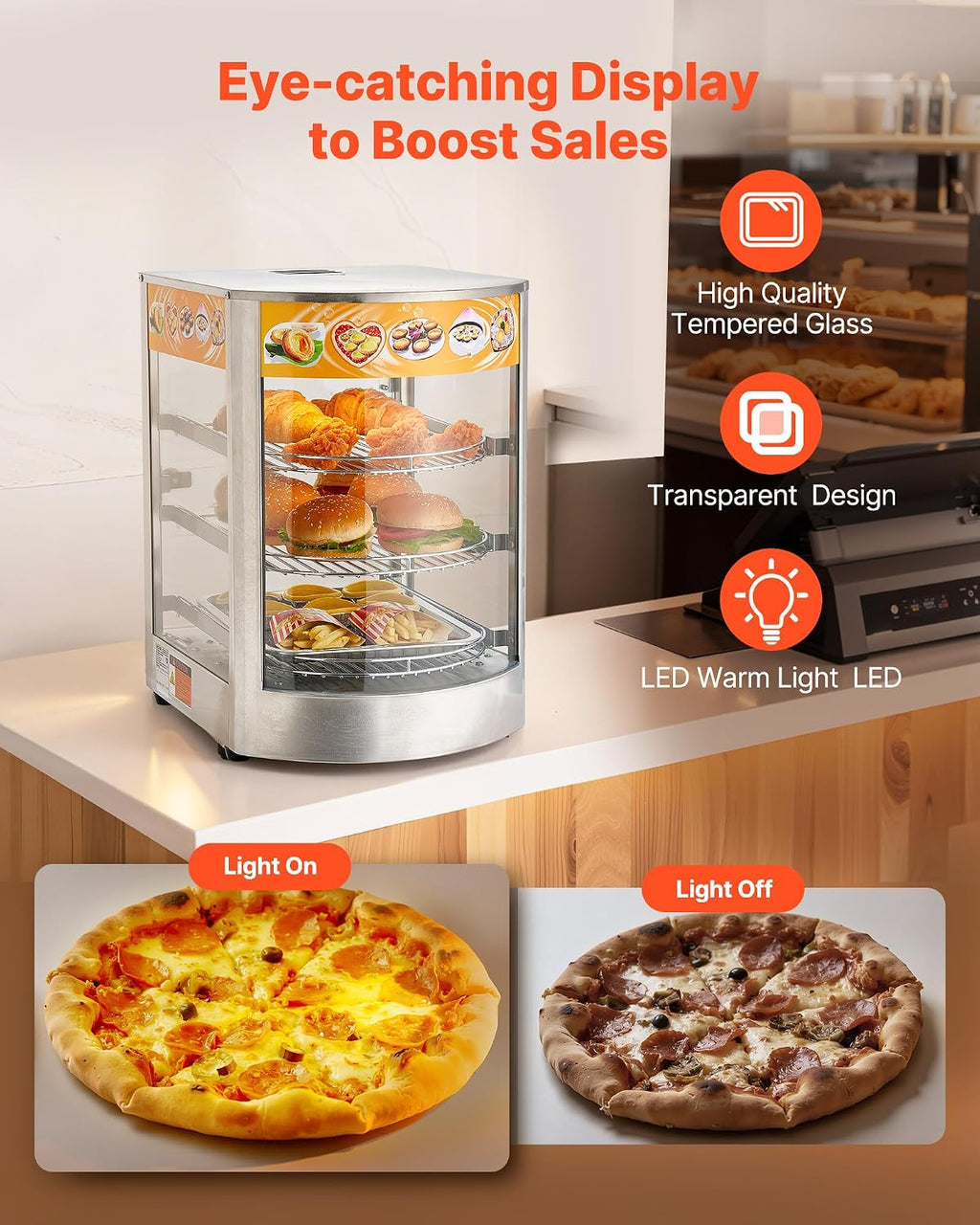 VEVOR 3-Tier Commercial Food Warmer Display, 800W Food Display Warmer with LED Light, Adjustable Shelf and Stainless Steel Frame, 86℉~185℉ Air Heating, 60L for Hamburger, Pizza, Bread, Fried Chicken