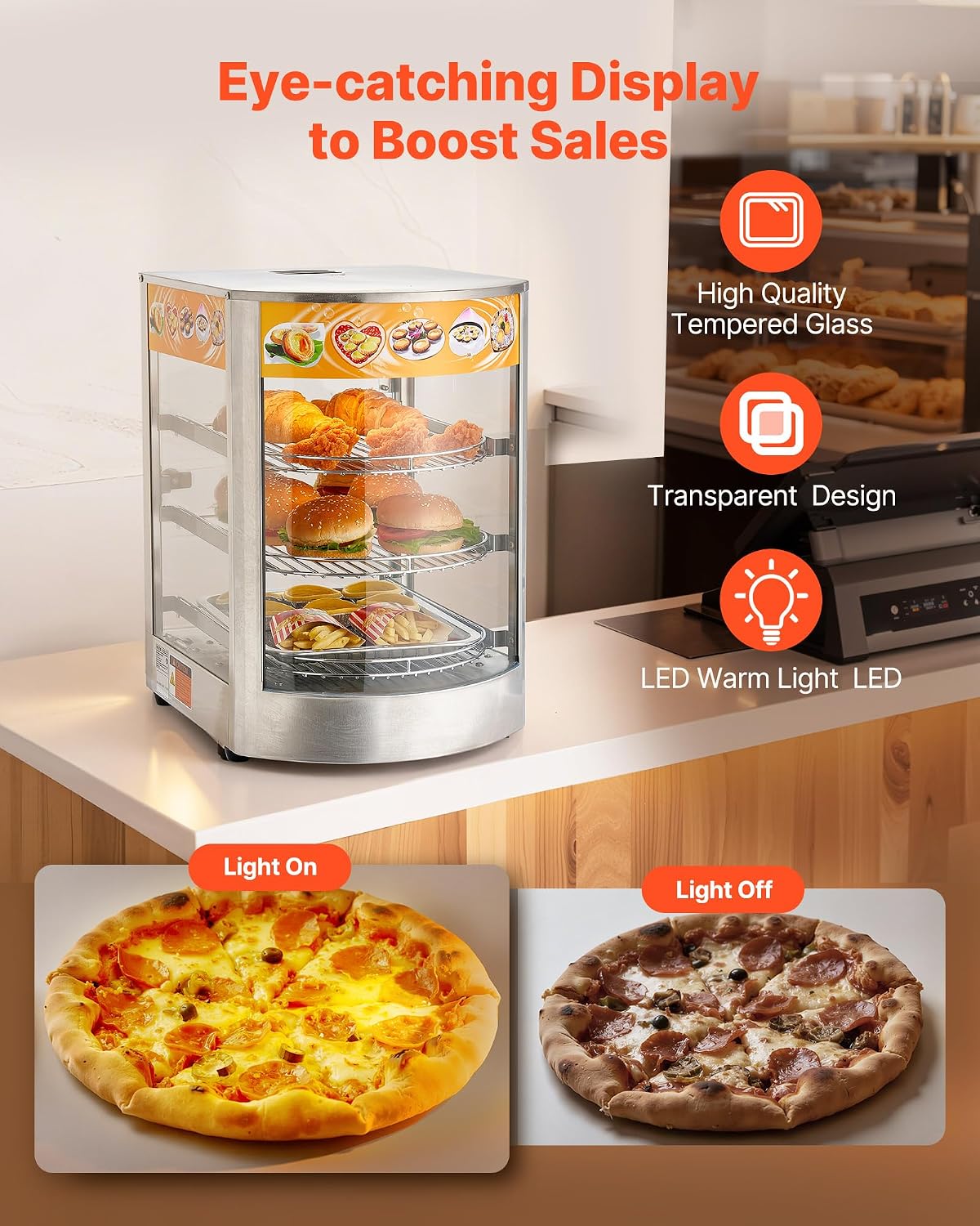 VEVOR 3-Tier Commercial Food Warmer Display, 800W Food Display Warmer with LED Light, Adjustable Shelf and Stainless Steel Frame, 86℉~185℉ Air Heating, 60L for Hamburger, Pizza, Bread, Fried Chicken
