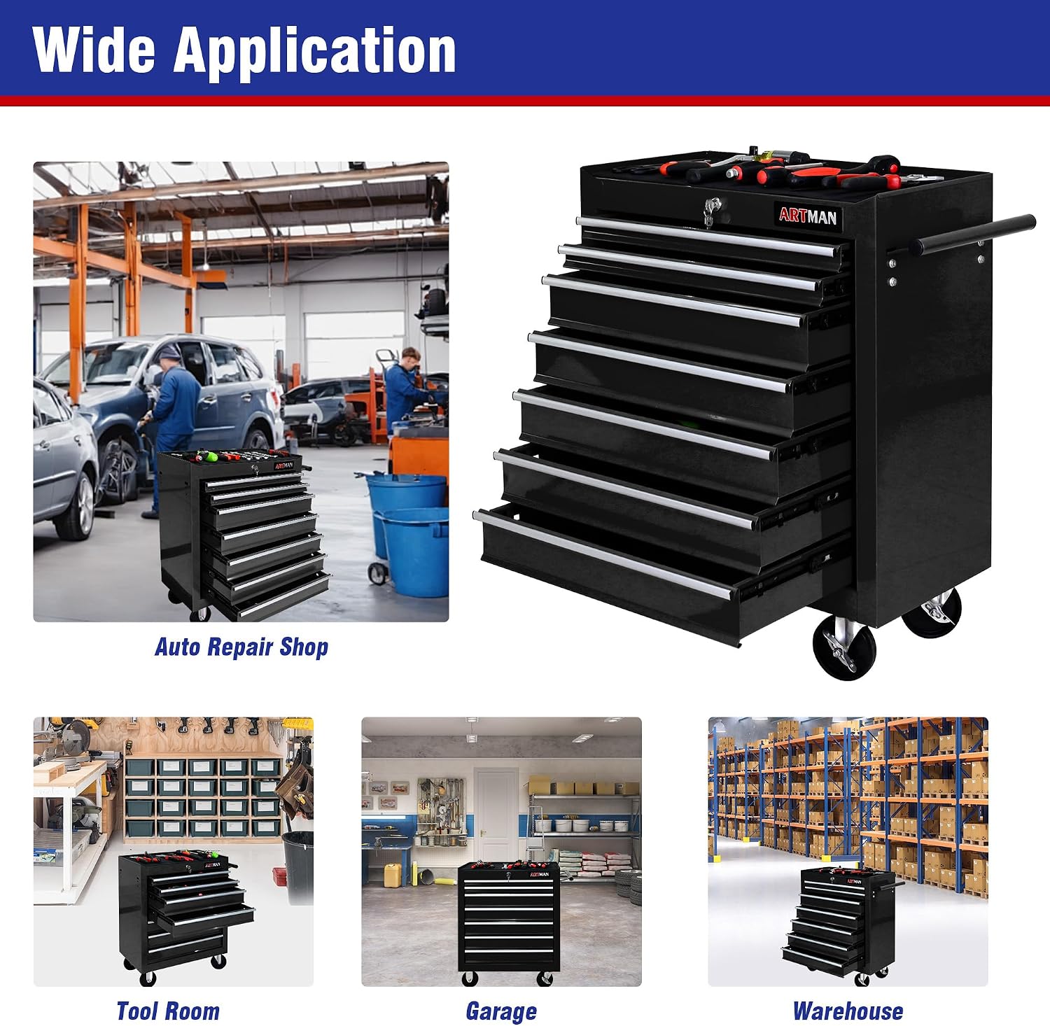 7 Drawers Tool Cart on Wheels, 7 Drawer Rolling Tool Chest with Key Lock, Trolley Organizer Tool Case, Multifunctional Rolling Tool Box for Garage,Warehouse,Workshop,Repair Shop (Black)