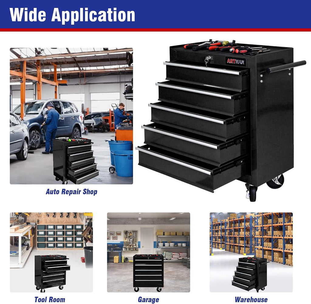 5 Drawers Tool Cart on Wheels, 5 Drawer Rolling Tool Chest with Key Lock, Trolley Organizer Tool Case, Multifunctional Rolling Tool Box for Garage,Warehouse,Workshop,Repair Shop (Black)