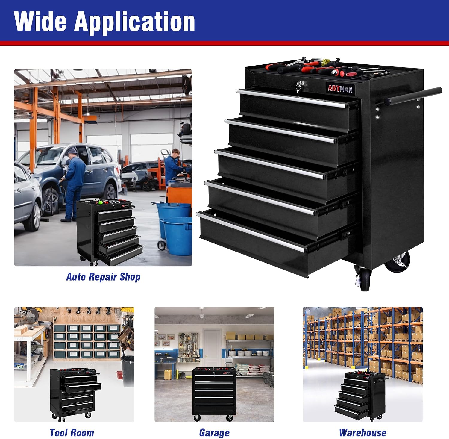 5 Drawers Tool Cart on Wheels, 5 Drawer Rolling Tool Chest with Key Lock, Trolley Organizer Tool Case, Multifunctional Rolling Tool Box for Garage,Warehouse,Workshop,Repair Shop (Black)