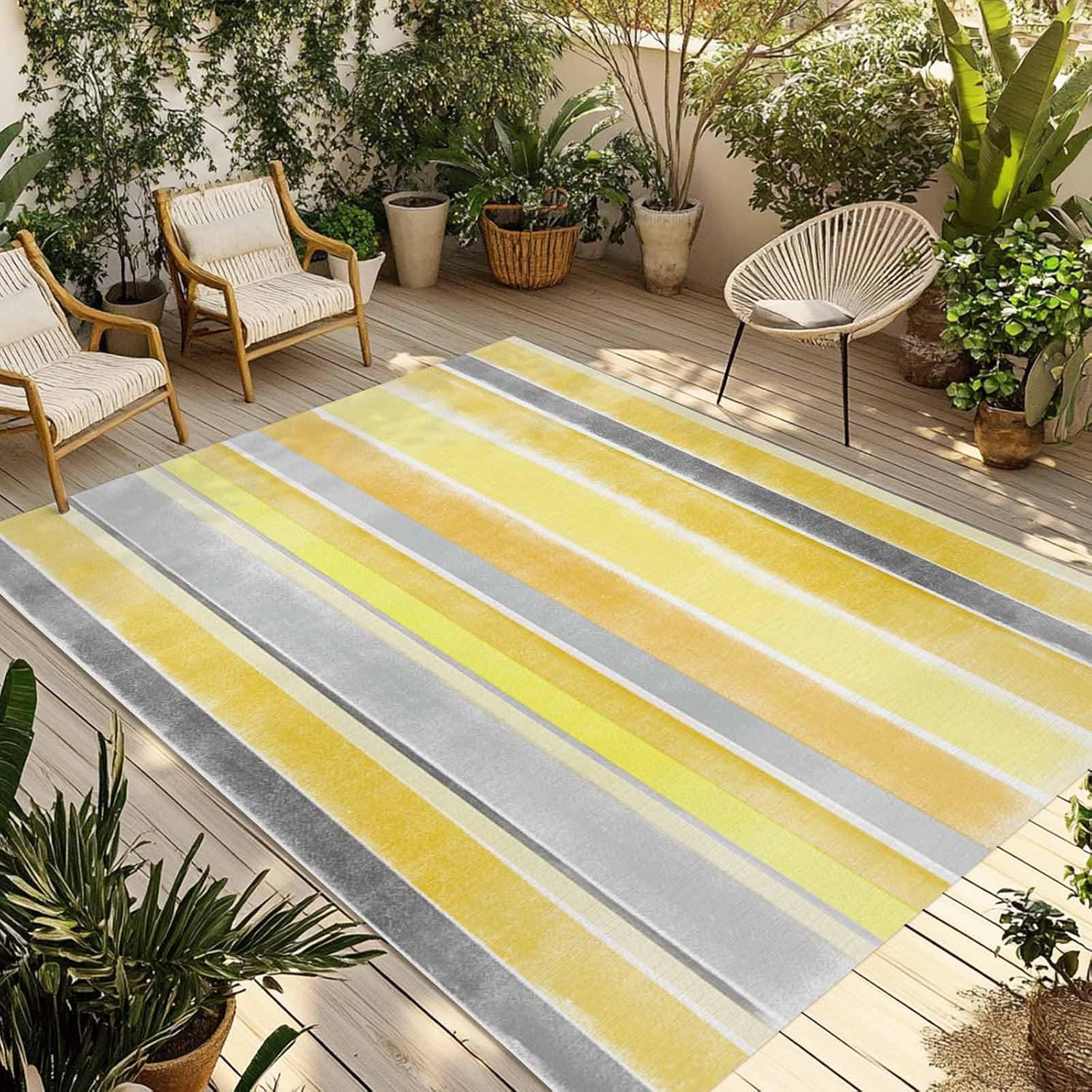 Outdoor Rug 4x6ft Classic Yellow Gray Stripes Patio Area Rugs Waterproof Easy Cleaning Non Shedding Thick Mats Europe Carpet for Indoor Outdoor Porch Deck Backyard Balcony
