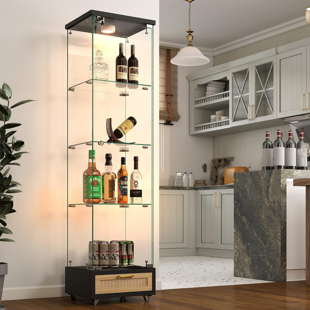 Modern Glass Display Cabinet with LED Light 4-Shelf Curio Cabinets with Rattan Drawer and Wheels,Tempered Glass Display Shelf Bookcase for Living Room Home Office