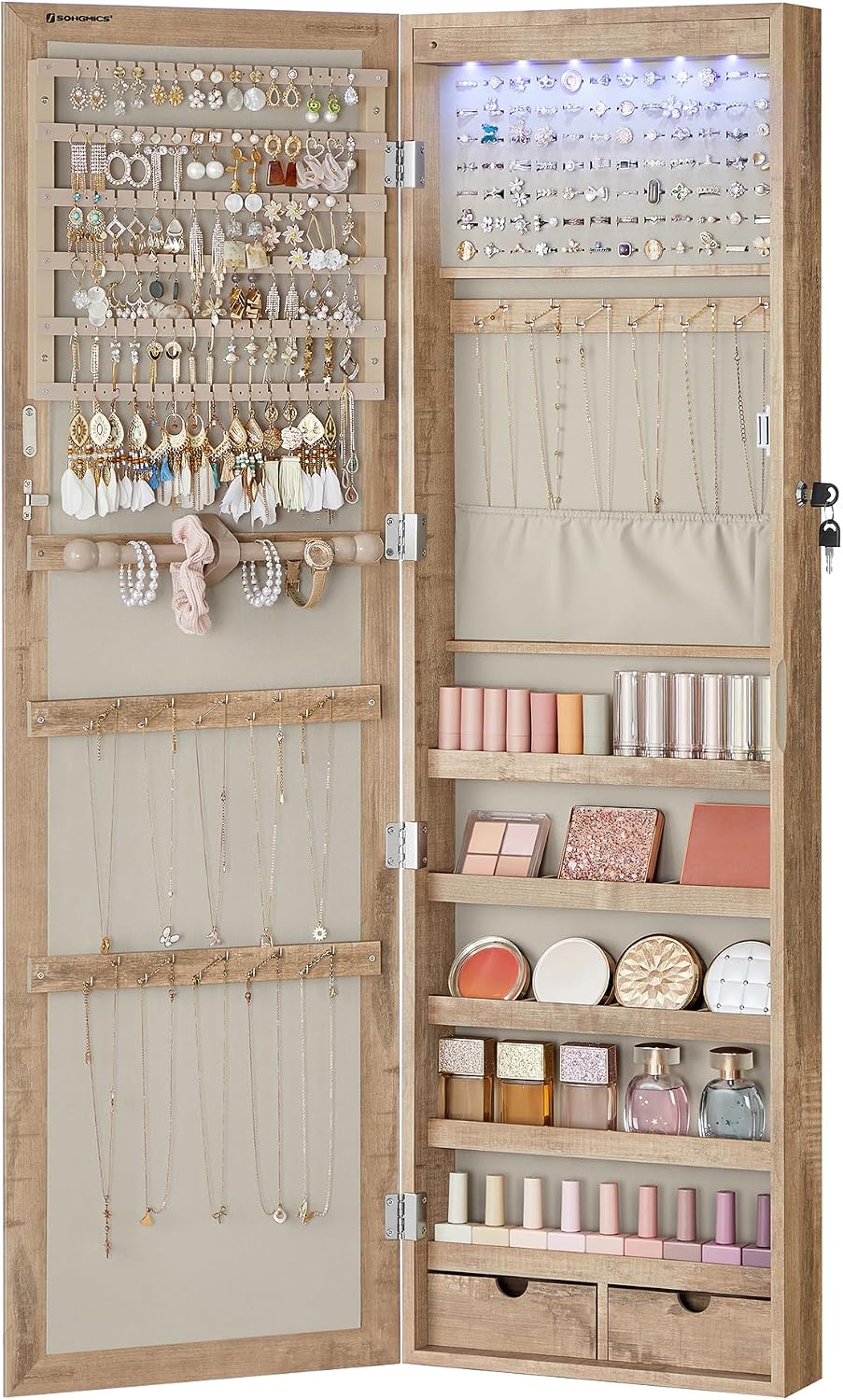 SONGMICS 6 LEDs Mirror Jewelry Cabinet, 47.2-Inch Tall Lockable Wall or Door Mounted Jewelry Armoire Organizer with Mirror, 2 Drawers, 3.9 x 14.6 x 47.2 Inches, Toasted Oak Color UJJC093N01