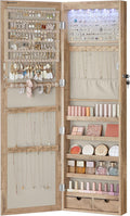 SONGMICS 6 LEDs Mirror Jewelry Cabinet, 47.2-Inch Tall Lockable Wall or Door Mounted Jewelry Armoire Organizer with Mirror, 2 Drawers, 3.9 x 14.6 x 47.2 Inches, Toasted Oak Color UJJC093N01