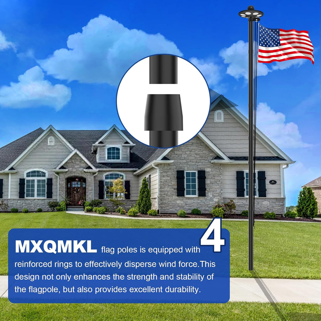 MXQMKL 20FT Heavy Duty Solar Flag Pole Kit,12 Gauge Flag Pole for Outside House Thick Aluminum Flagpole with 136 LED Light & 3x5 American Flag for Outside Ip67 Waterproof,Black