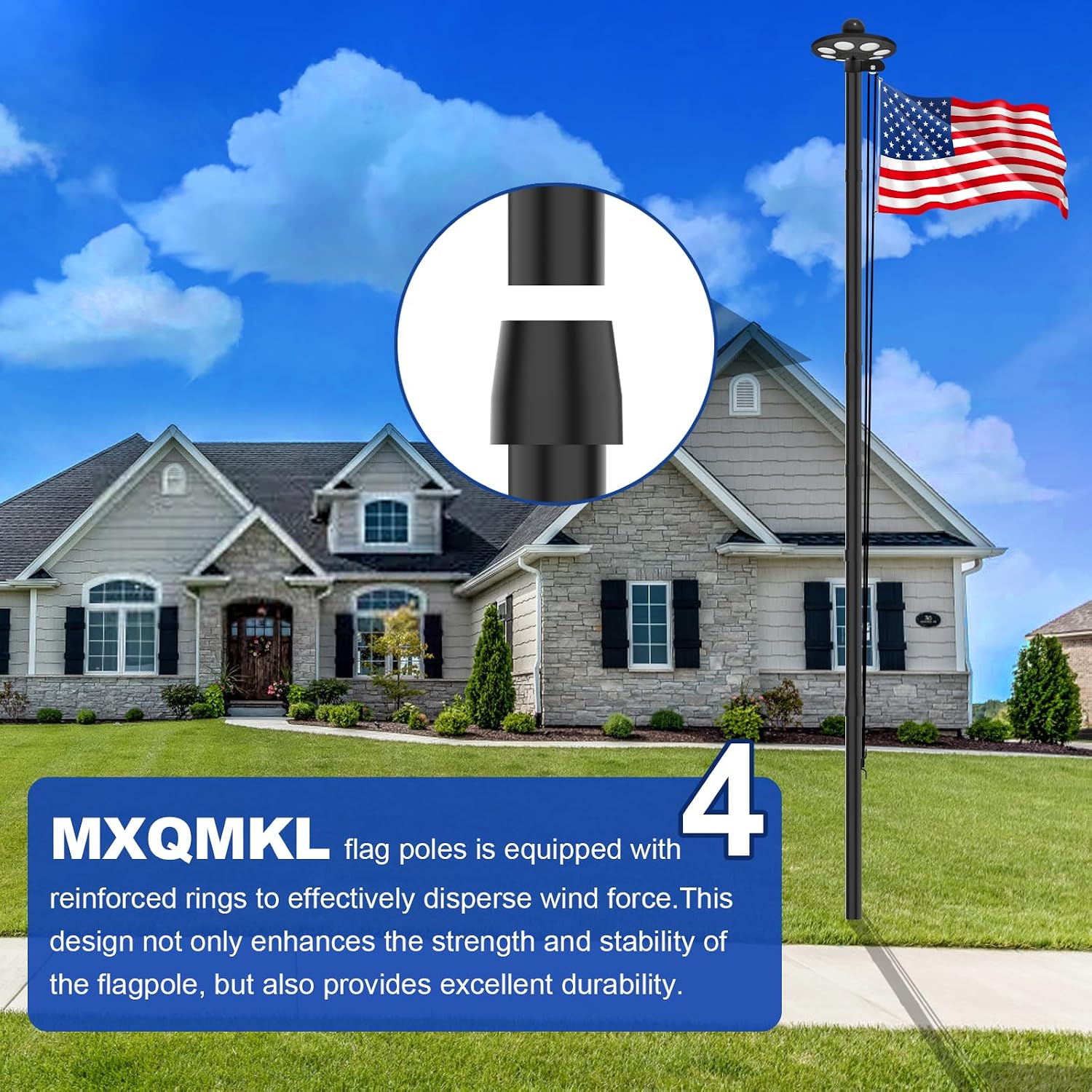 MXQMKL 20FT Heavy Duty Solar Flag Pole Kit,12 Gauge Flag Pole for Outside House Thick Aluminum Flagpole with 136 LED Light & 3x5 American Flag for Outside Ip67 Waterproof,Black
