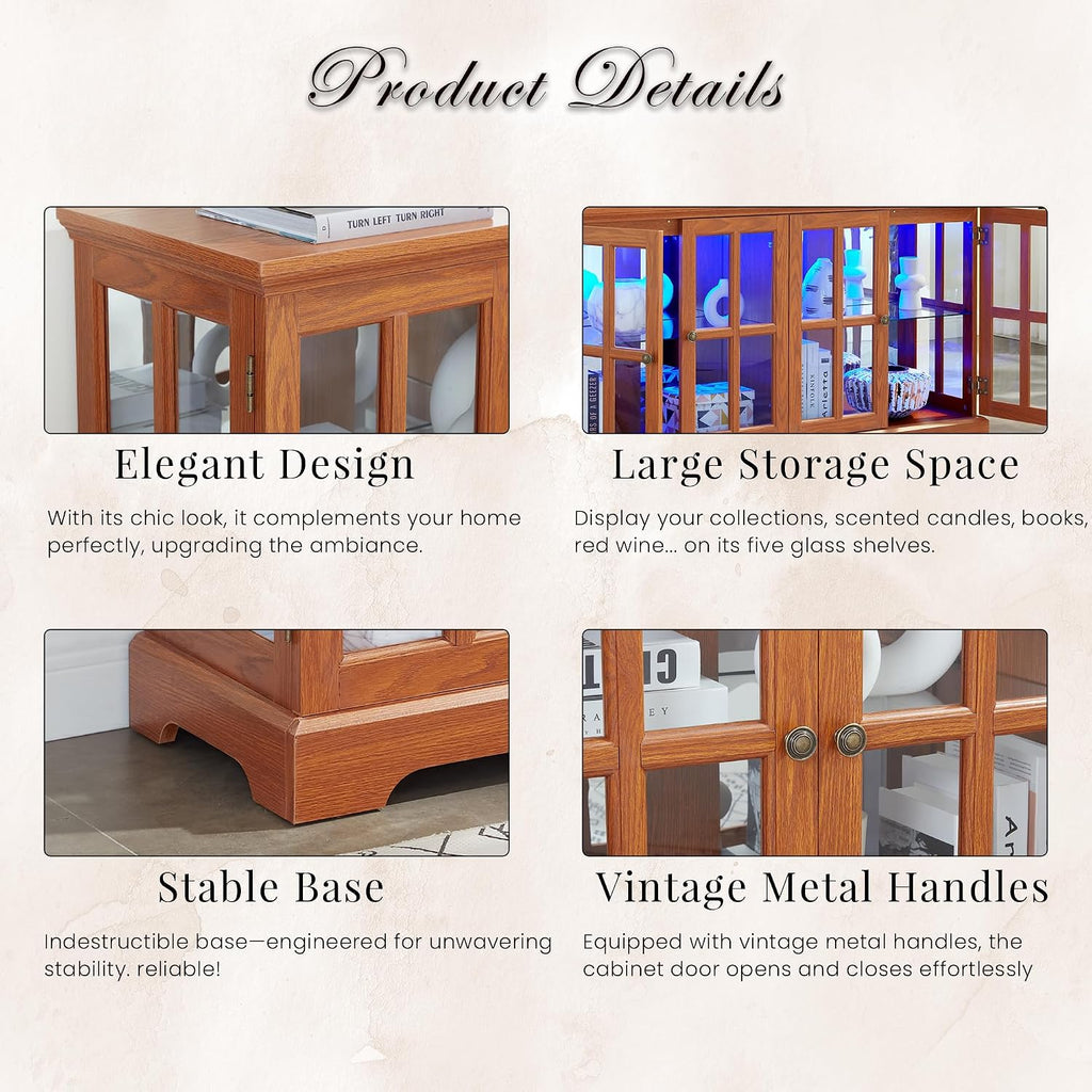 59' W LED Curio Cabinet with 7 Color Lights, Vintage Glass Display Case with Glass Doors, Smartphone-Controlled, Short Wooden China Cabinet with Adjustable Shelves for Living Room, Entryway (Dark Oak)