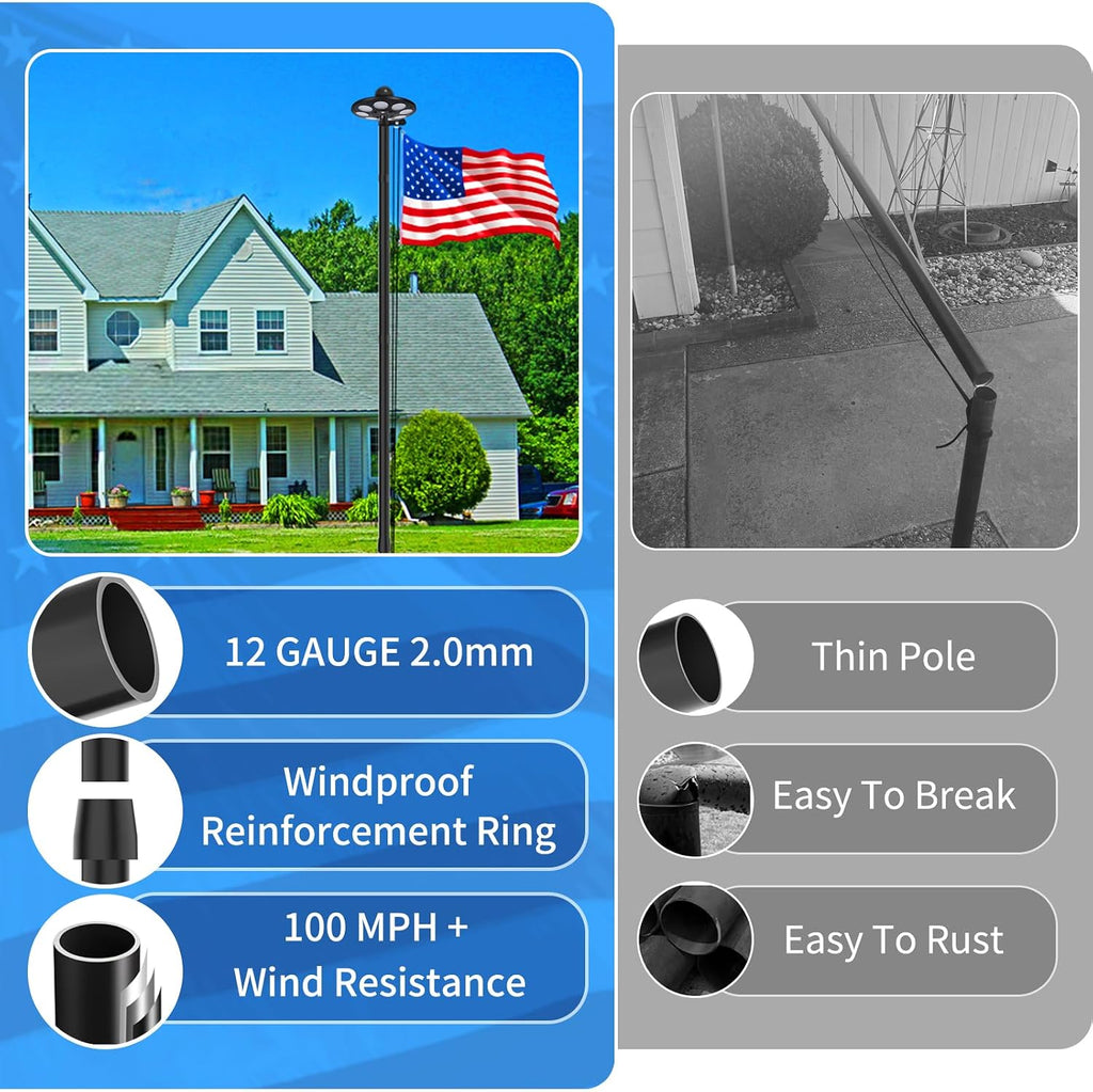 MXQMKL 25FT Heavy Duty Flagpoles Kit with 136 LED Solar Light,12 Gauge Extra Thick Flag Pole for Outside House in Ground for Outdoor with 3x5 American Flag for Outside Ip67 Waterproof,Black
