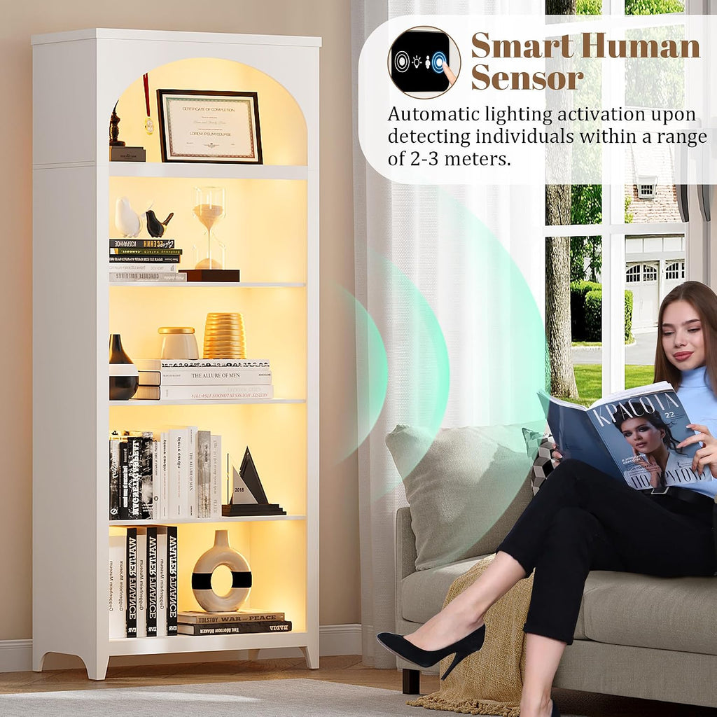 70' Arched Bookshelves and Bookcases, 2PC Floor Standing 5-Shelf Tall Bookshelf with LED Lights, Modern Farmhouse Wooden Arched Book Shelf Open Display Shelves for Living Room, Office (Rustic white)