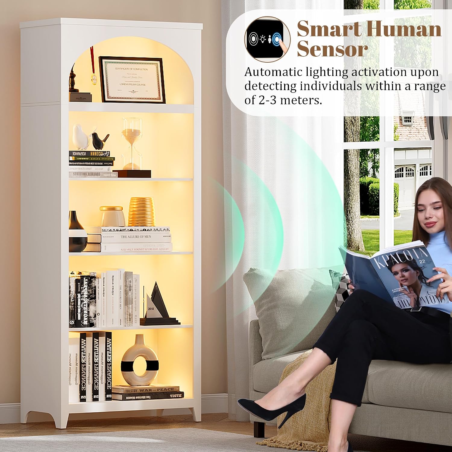 70' Arched Bookshelves and Bookcases, 2PC Floor Standing 5-Shelf Tall Bookshelf with LED Lights, Modern Farmhouse Wooden Arched Book Shelf Open Display Shelves for Living Room, Office (Rustic white)
