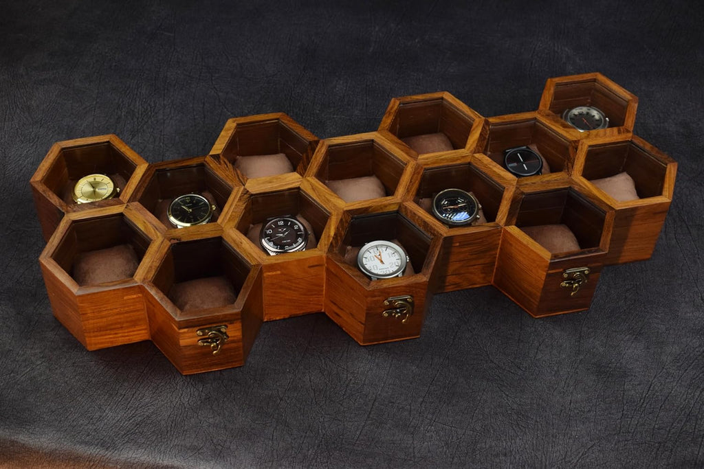 Royal Craft Expertise Hanging Wall Mounted Wooden Watch Box Organizer – 14 Slot Luxury Watch Case for Men & Women | Vintage Rosewood Honeycomb Design | Unisex Wooden Watch Storage Box