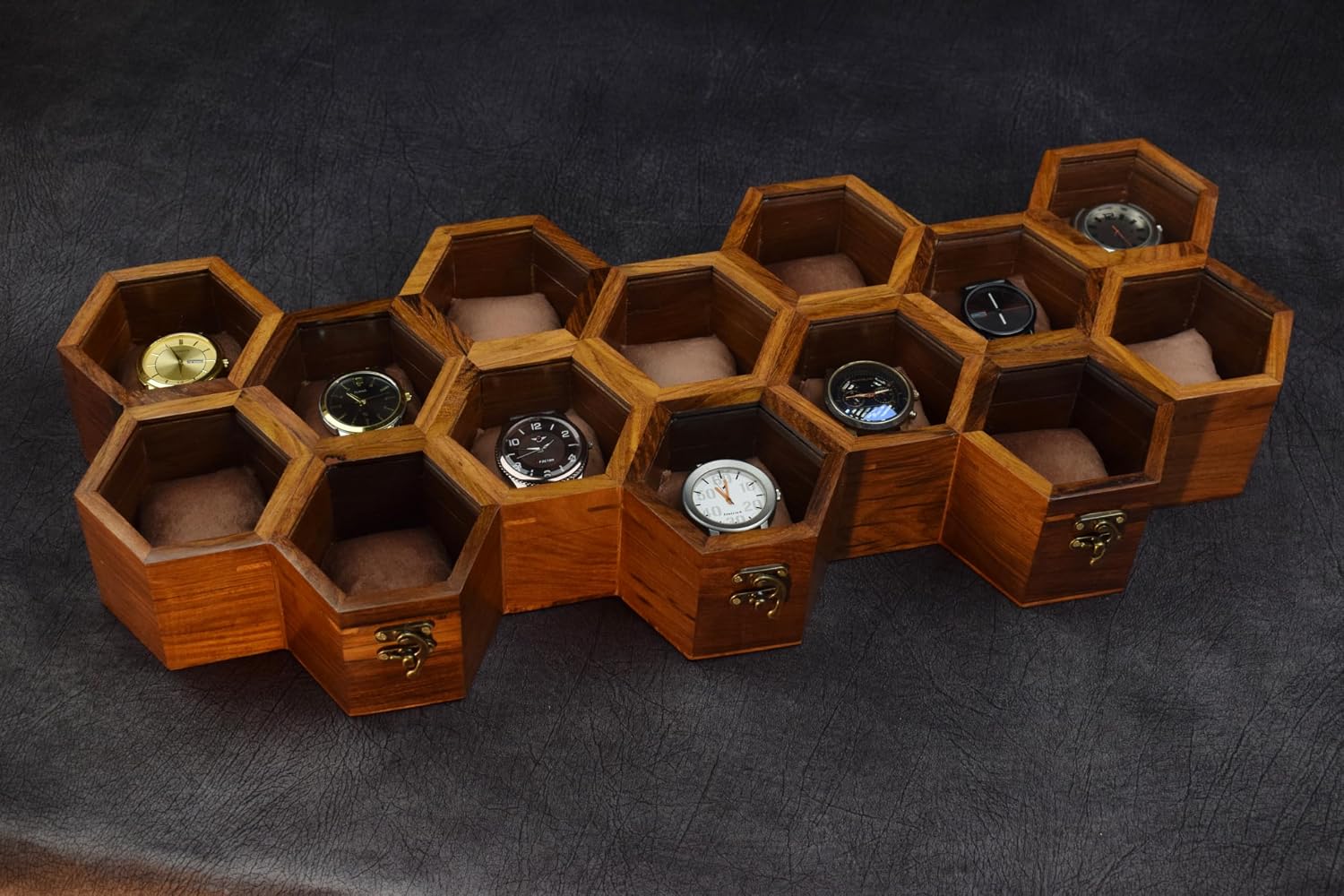 Royal Craft Expertise Hanging Wall Mounted Wooden Watch Box Organizer – 14 Slot Luxury Watch Case for Men & Women | Vintage Rosewood Honeycomb Design | Unisex Wooden Watch Storage Box