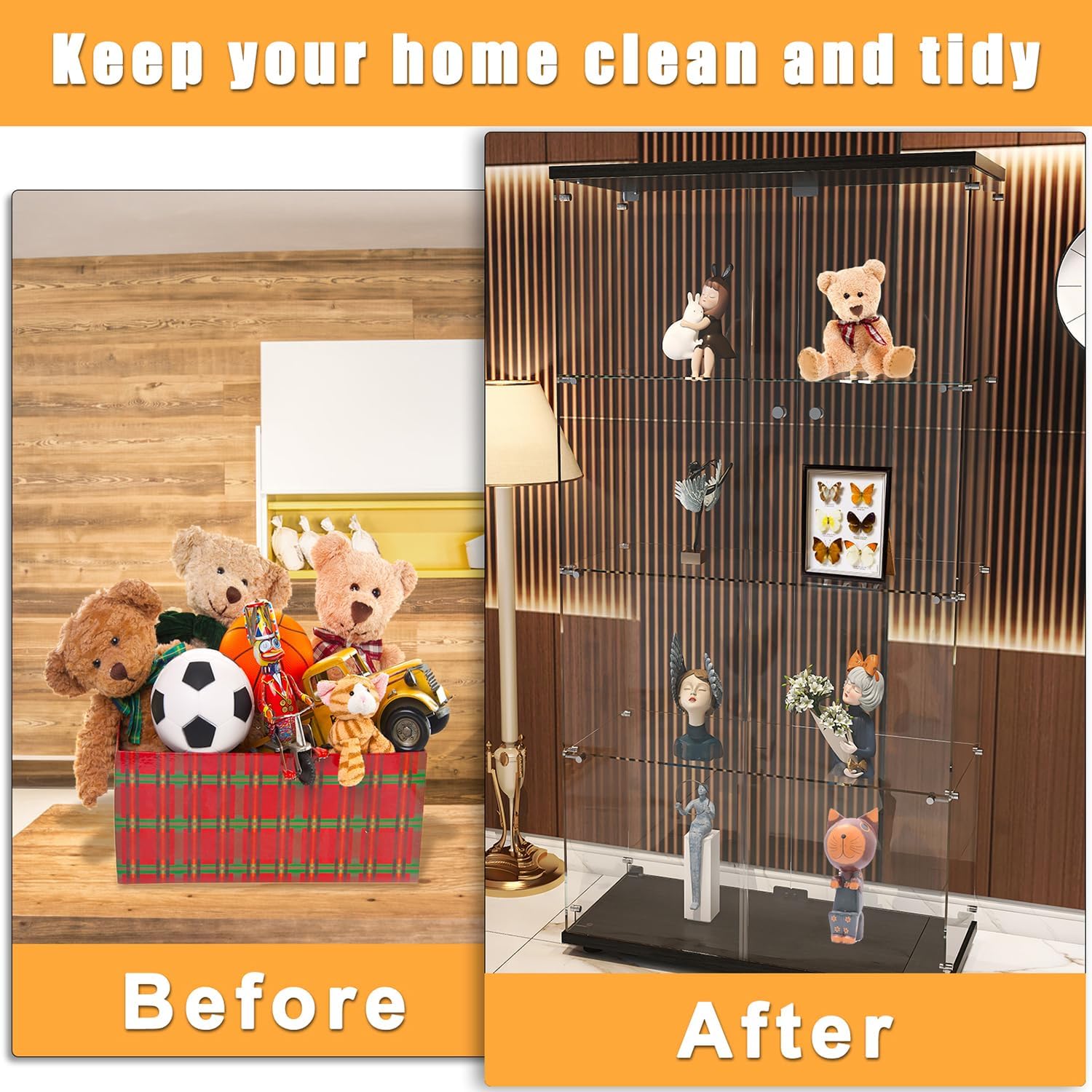 Zevemomo 4 Shelves Glass Display Cabinet with Doors, 31.69'x 14.37'x 64.56' Curio Figure Collection Display Case, Transparent Glass Stand Shelf, Toy Storage Organizer Cabinet for Home Office Hall