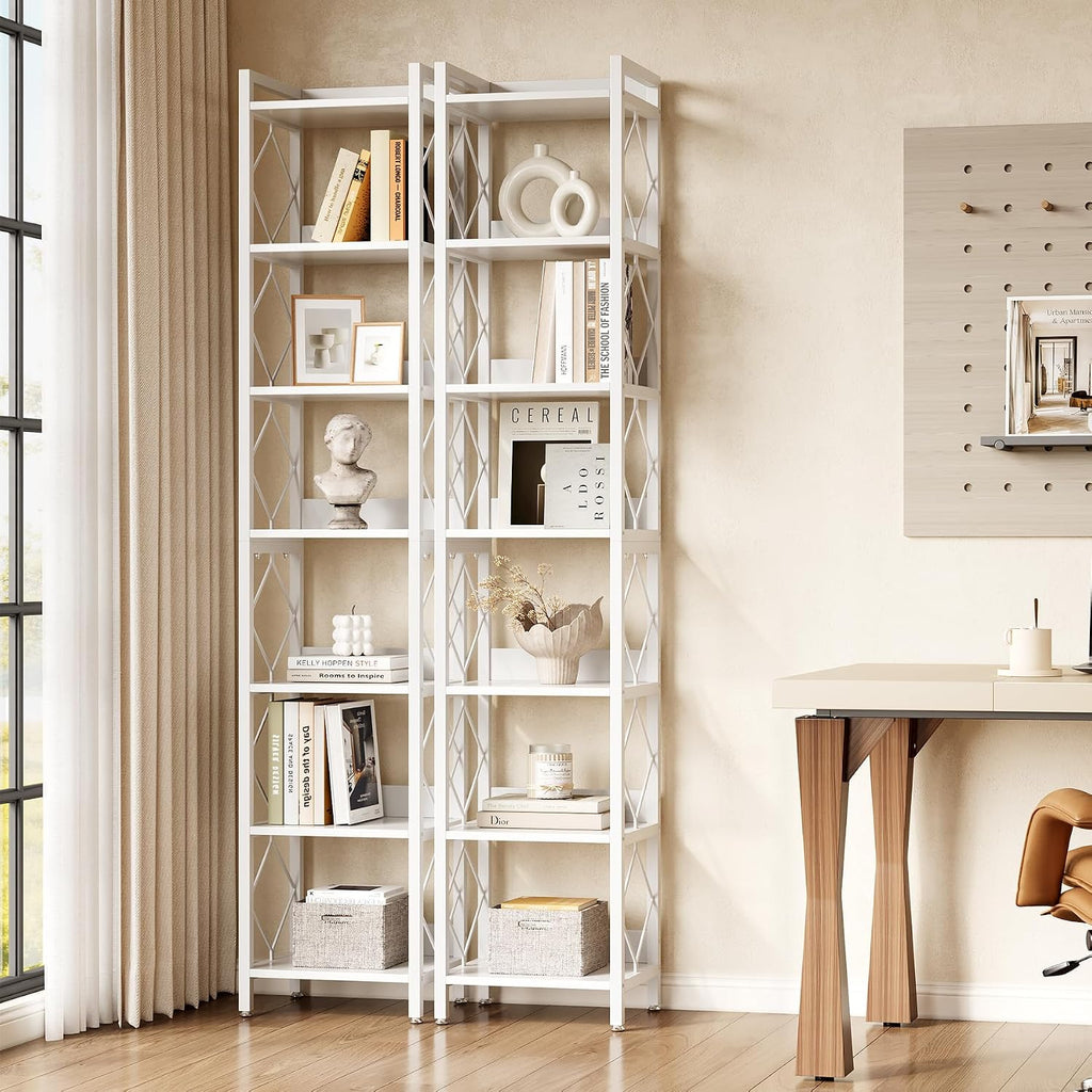 LITTLE TREE Book Shelf Set of 2, 7-Tier Tall Bookcase, Wooden Display Shelves with Metal Frame for Living Room, Modern Narrow Standing Bookshelves for Bedroom, White Office Shelf for Small Spaces