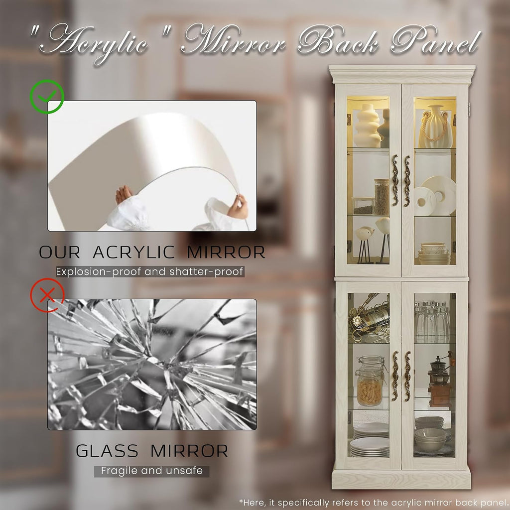 Lighted Curio Cabinet 71' Vintage Glass Display Case with Adjustable Shelves, 4 Tempered Glass Doors, Bulb Included, Wooden Wine Bar China Cabinet for Living Room Liquor Storage (Antique White)