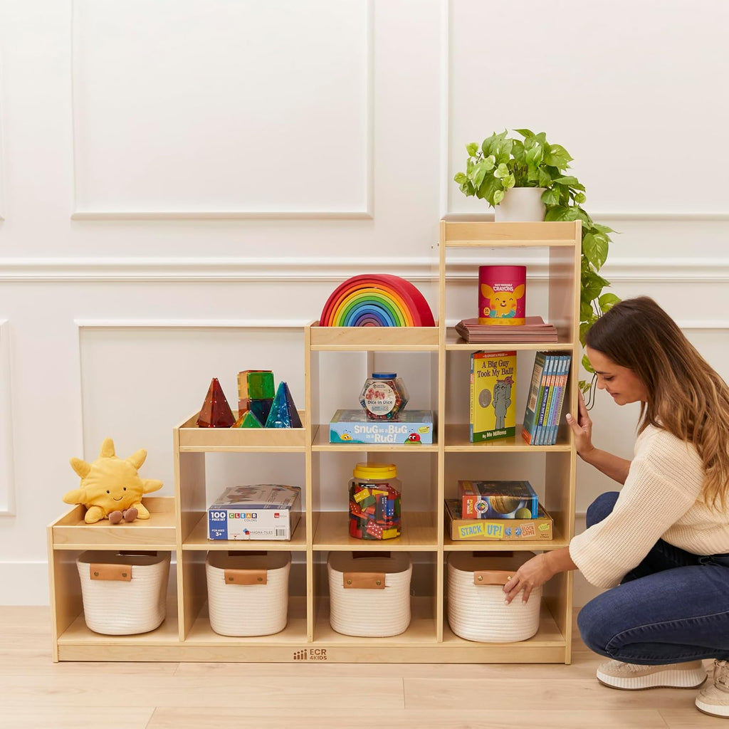 ECR4Kids 4-3-2-1 Double-Sided Cube Storage Organizer, Classroom Furniture, Natural