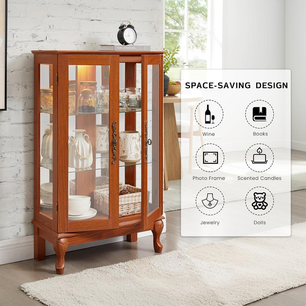 44' Small Lighted Glass Accent Curio Cabinet, Vintage China Cage with 2 Tempered Glass Doors & Adjustable Shelves, Acrylic Mirrored Pane, Elegant Wine Artwork Showcase Rack for Living Room (Dark Oak)