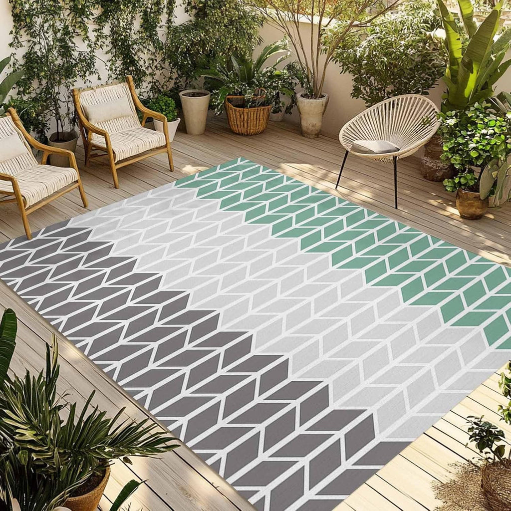 Outdoor Rug 4x6ft Grey Teal Stripe Buffalo Check Geometric Art Patio Area Rugs Waterproof Easy Cleaning Non Shedding Thick Mats Herringbone Carpet for Indoor Outdoor Porch Deck Backyard Balcony
