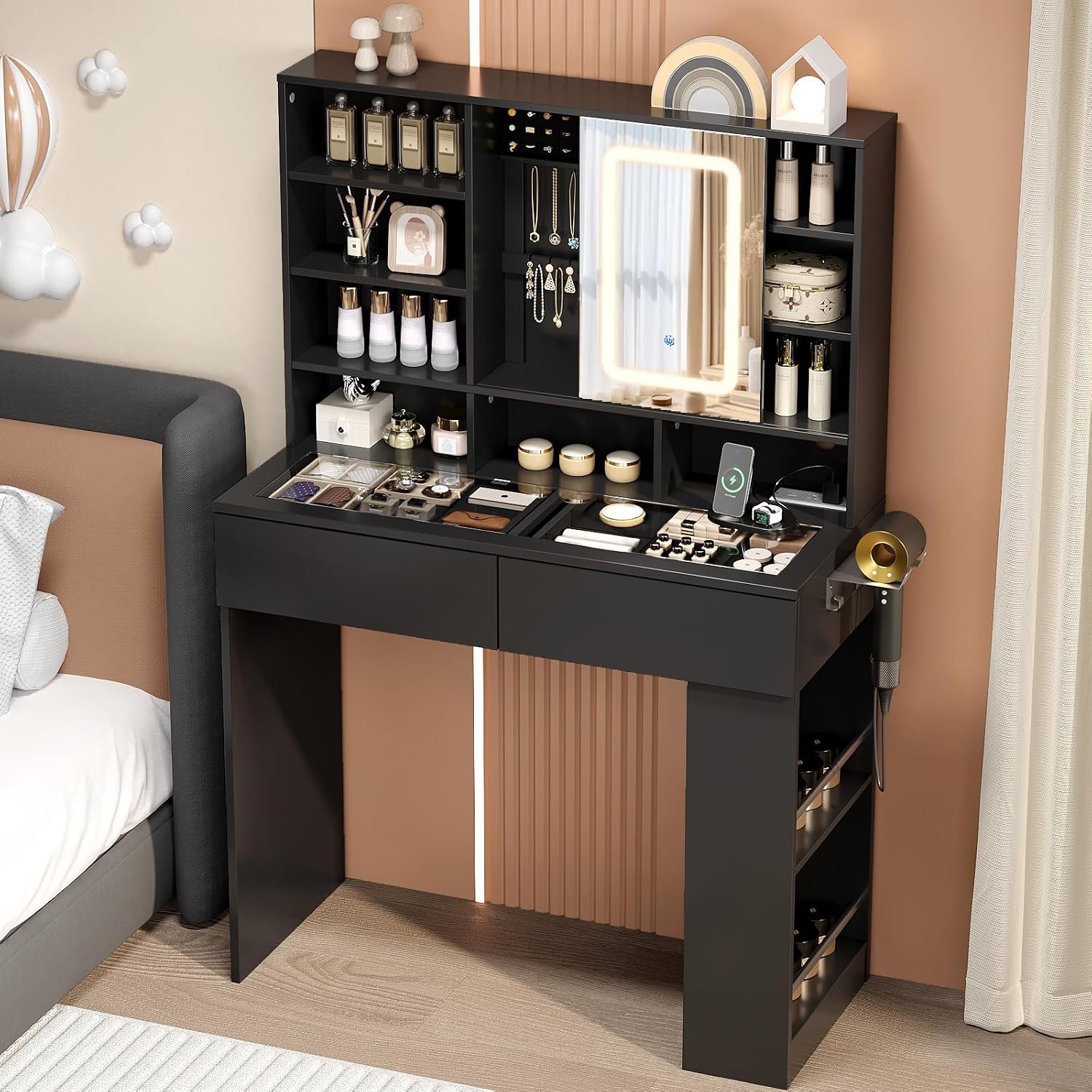 VINGLI Vanity Desk with Sliding Mirror and Lights, Glass Top Makeup Vanity Table w/Shelves & Hidden Jewelry Storage & Power Outlets & Hairdryer Holder,54in Black Dressing Table Gifts Girls
