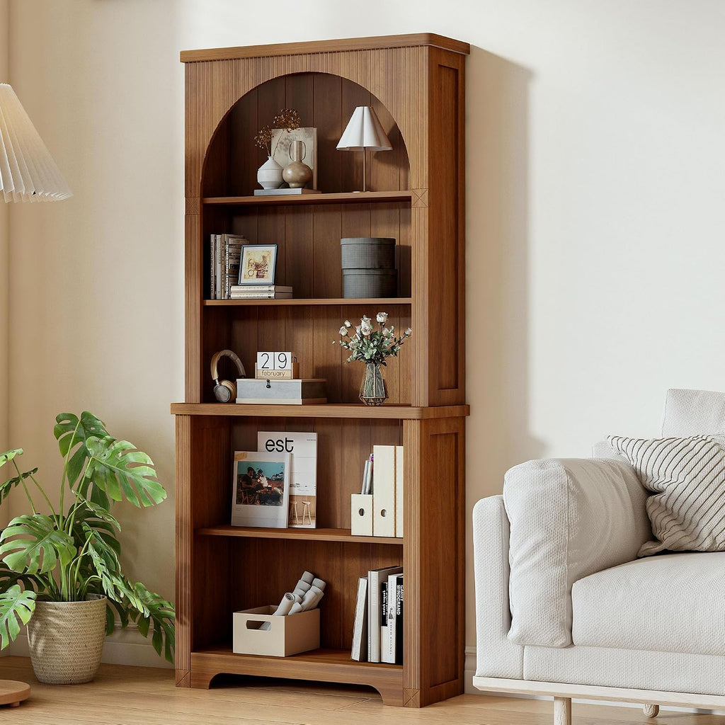 Janmer Home 71' Tall Narrow Arched Bookshelf, Mid Century Modern 5-Tier Arched Narrow Storage Bookcase with Adjustable Open Display Shelf for Office, Living Room (Walnut)