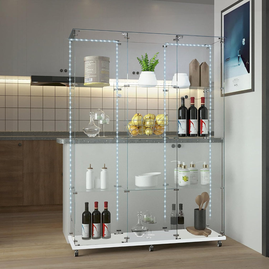 Modern Glass Display Cabinet 12-Shelf with LED Light,Lock and Wheels, 2 Door Curio Cabinets,Tempered Glass Collection Display Showcase for Living Room Home Office,46.8x13.5x64.8 H,White