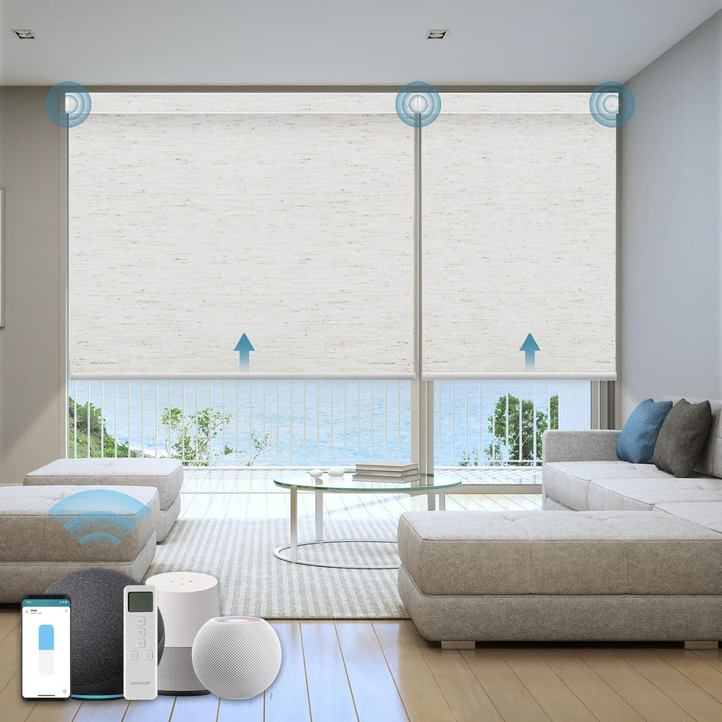 Motorized Roller Shade, 100% Blackout Smart Window Blinds Work with Homekit, Alexa, Google Home, Remote Control, Electric Blinds with USB/Solar Pannel Charging, Linen White