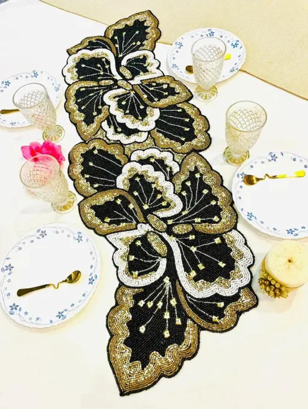 Beaded Handmade Table Runner, Black Gold White, Sequin Embellished, Floral Pattern, Elegant Dining Decor