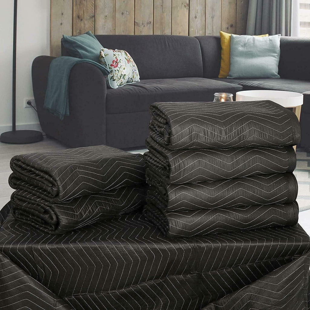 12 Moving & Packing Blankets 80' x 72' (55 lb/dz Weight) - Quilted Shipping Furniture Pads (Black)