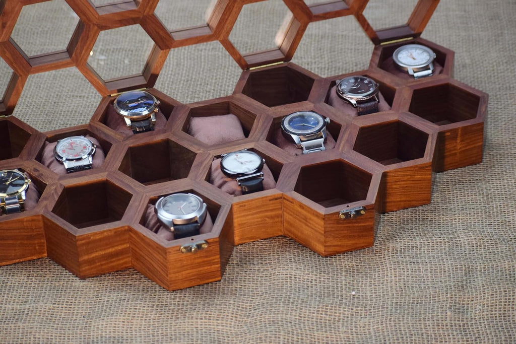 Royal Craft Expertise Dark Rosewood Honeycomb Watch Box - Sixteen Slot Display Case, Wooden Organizer for Men
