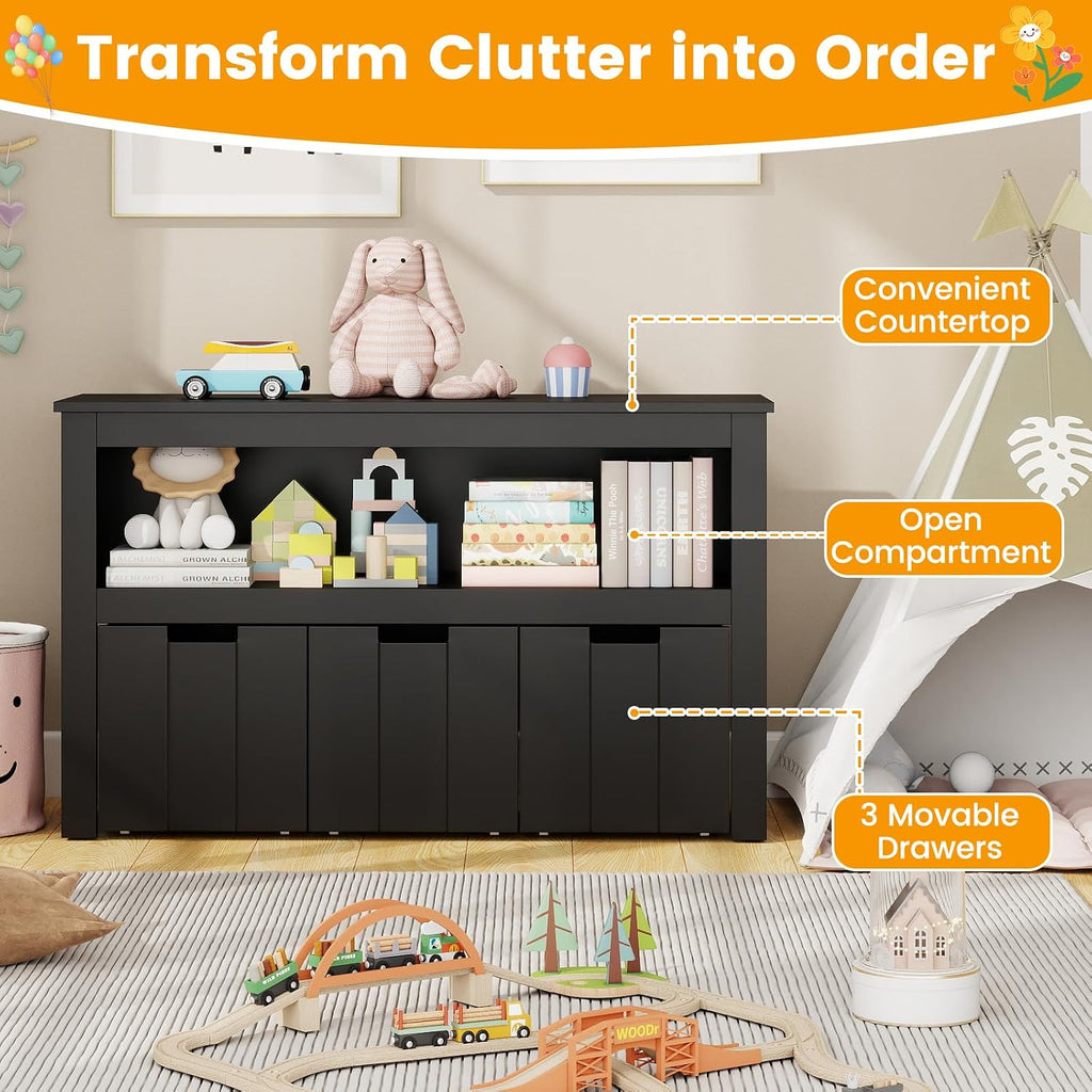 HONEY JOY Kids Toy Storage Organizer, Children Daycare Shelf, 3 Wooden Toy Box w/Wheels, Toddler Classroom Display Cabinet for Playroom, Nursery, Kindergarten (Black)