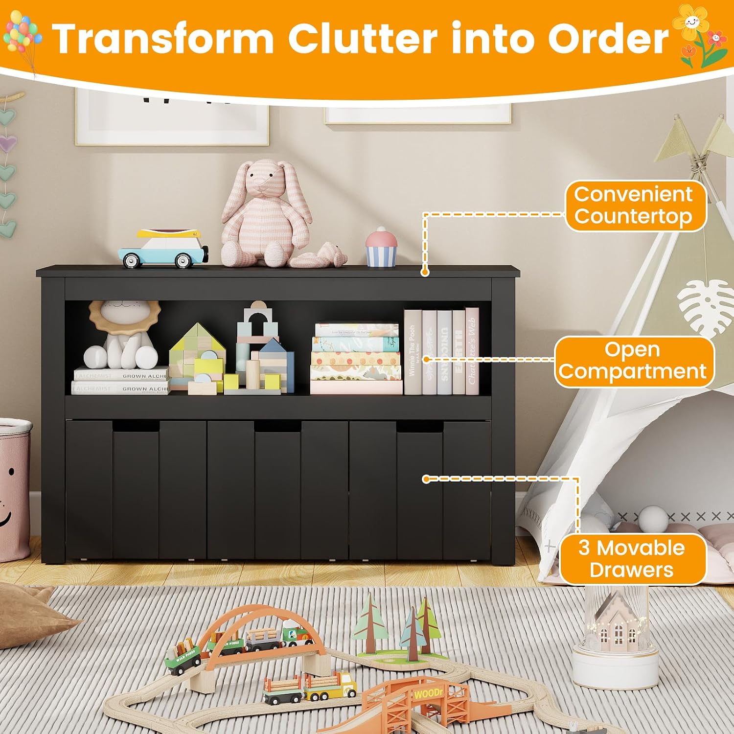 HONEY JOY Kids Toy Storage Organizer, Children Daycare Shelf, 3 Wooden Toy Box w/Wheels, Toddler Classroom Display Cabinet for Playroom, Nursery, Kindergarten (Black)