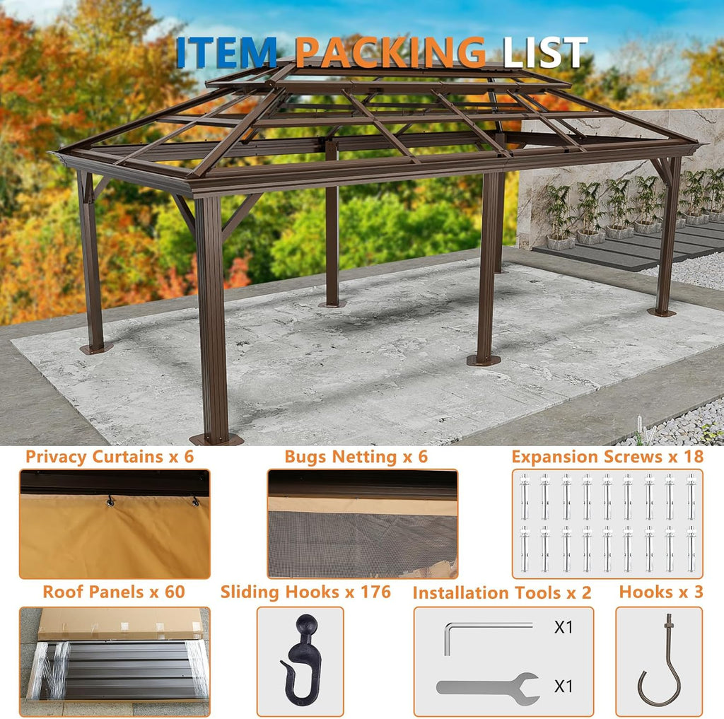HOTEEL 12x20 Hardtop Gazebo on Clearance with Metal Roof & Drainage System, Heavy Duty Galvanized Steel Gazebo with Aluminum Frame, Privacy Curtains and Netting, for All-Weather, Brown(2026 Upgraded)