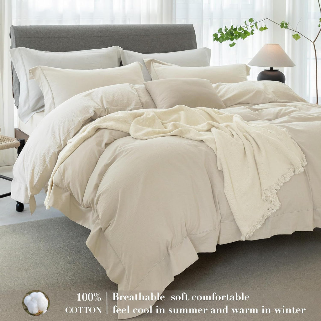 Cooling Duvet Cover Set 3 Pieces-100% Washed Cotton with Chic Wide Trim Design Linen Like Textured Ultra Soft Cozy Bedding with Zipper Closure(Hemmed Almond Grey,Oversized King 120'x98')