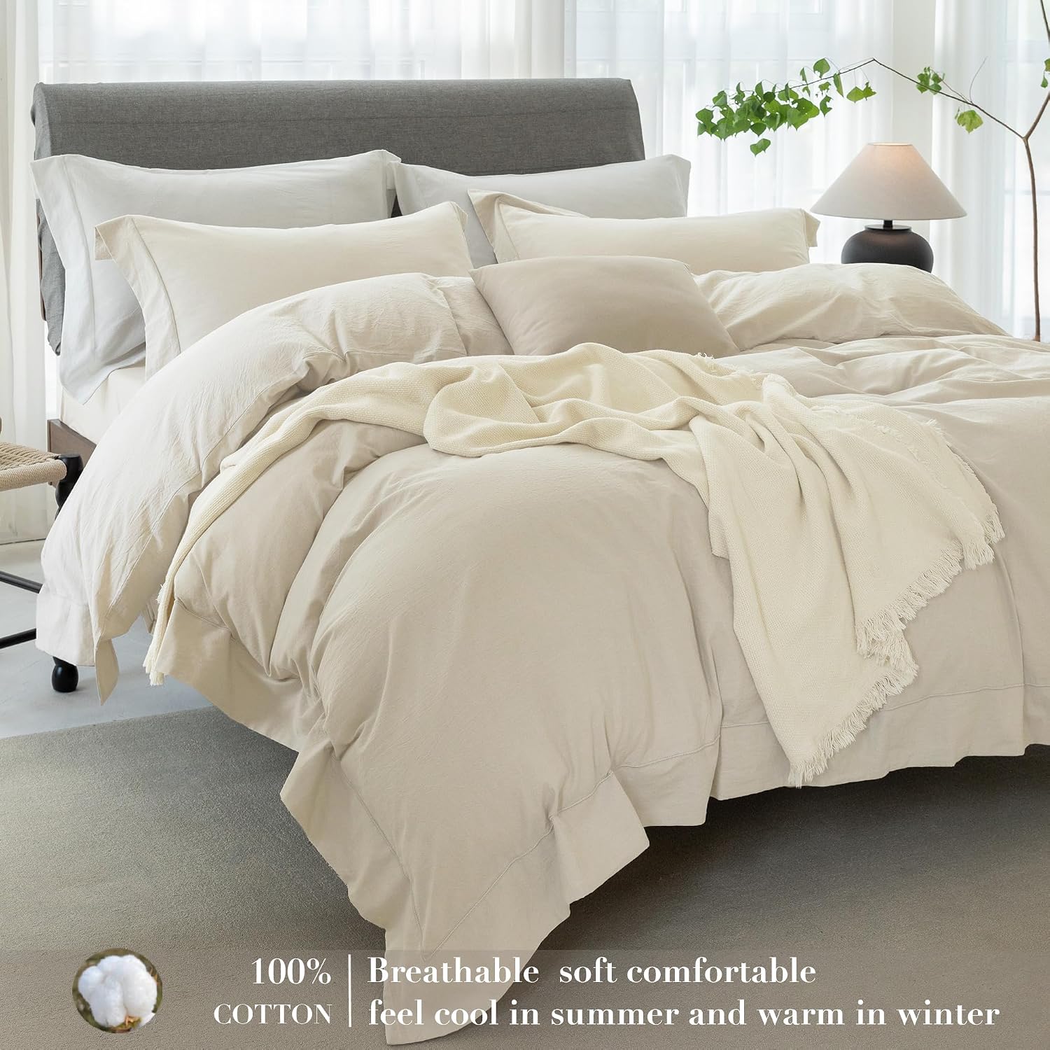 Cooling Duvet Cover Set 3 Pieces-100% Washed Cotton with Chic Wide Trim Design Linen Like Textured Ultra Soft Cozy Bedding with Zipper Closure(Hemmed Almond Grey,Oversized King 120'x98')