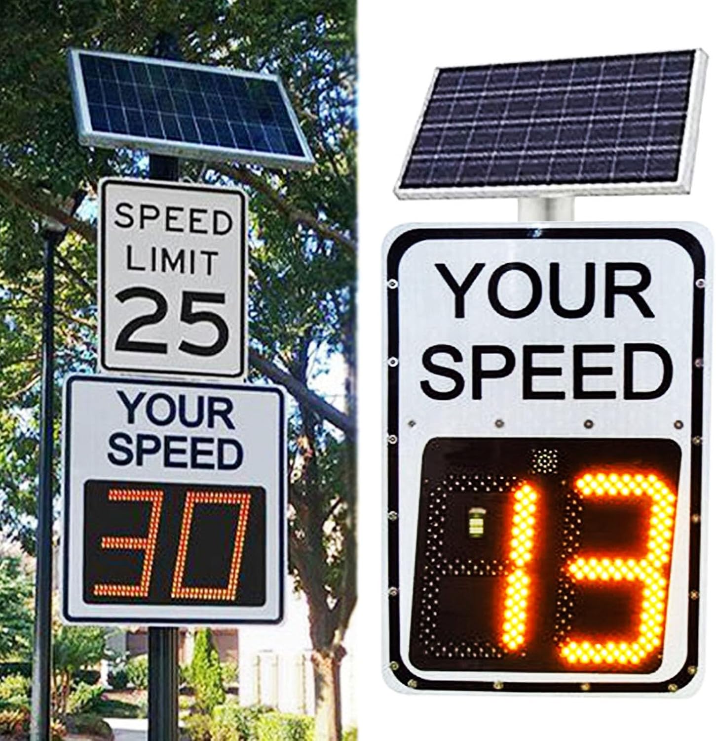 White Speed Display Radar Traffic Warning Sign, 24'x35'/20'x27' Solar LED Variable Speed Limit Sign Radar Vehicle Feedback Signage for Roadway Safety, with Accessories(A,50 * 70cm)