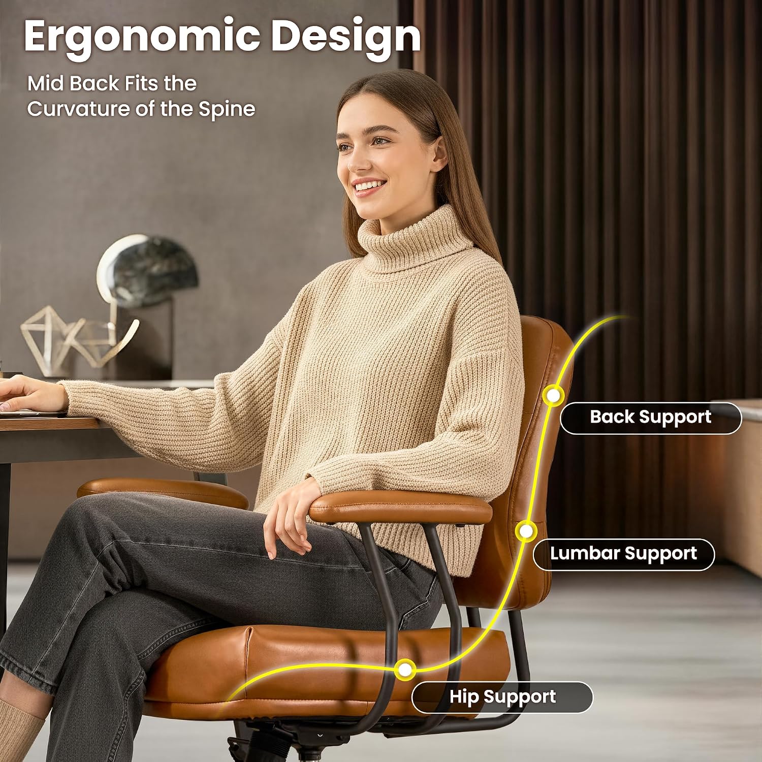 ovios Ergonomic Office Chair, Mid Back Faux Leather Executive Chairs with Thick Cushion, Comfy Mid-Century Modern Swivel Rolling Computer Armchair (Brown, PU Leather)