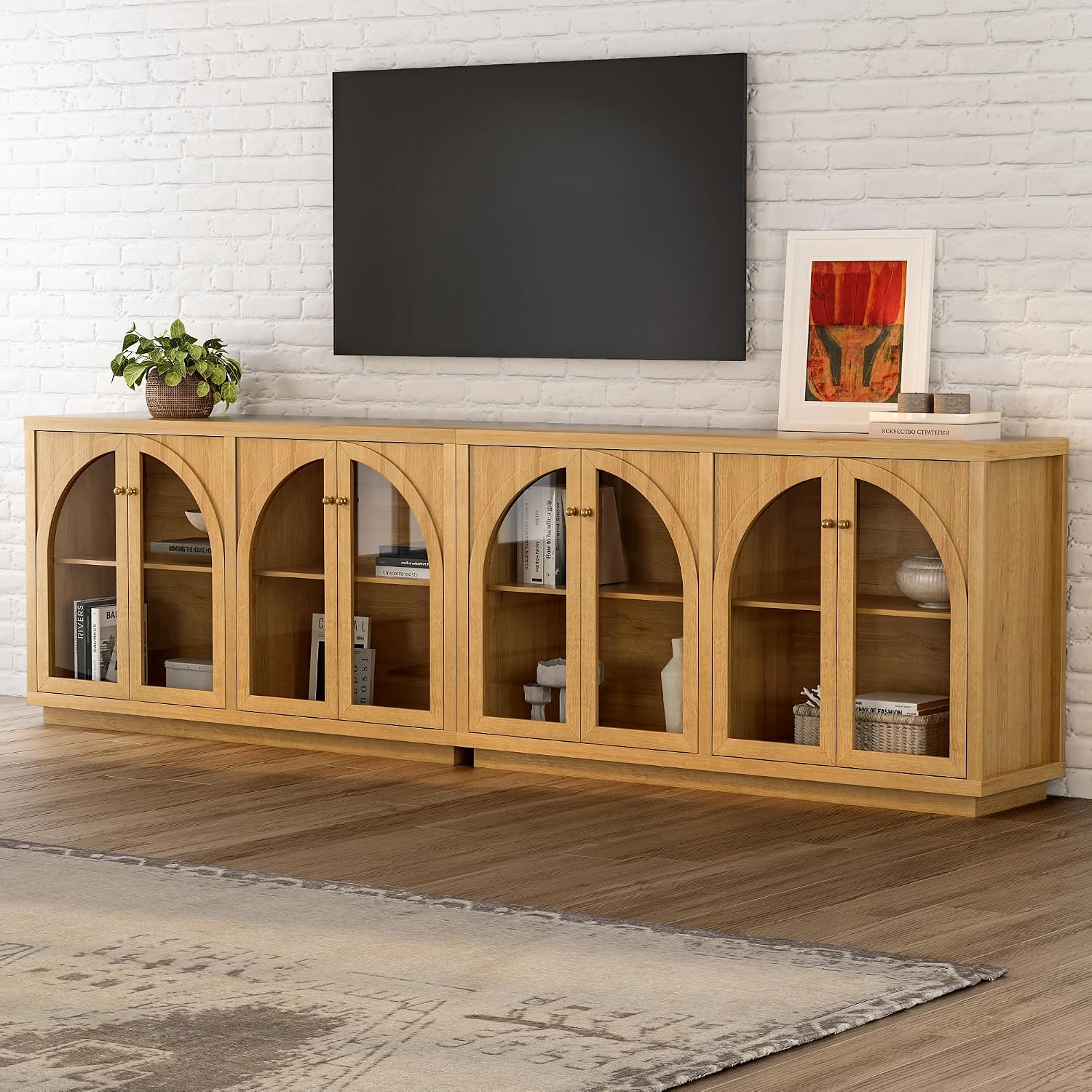 EYYTHUNG Arched Storage Cabinet with 4 Doors Set of 2, Sideboard Buffet Cabinet with Adjustable Shelves and Acrylic Door, Accent Display Cabinet for Living Room, Entryway, Dining Room, Natural Oak