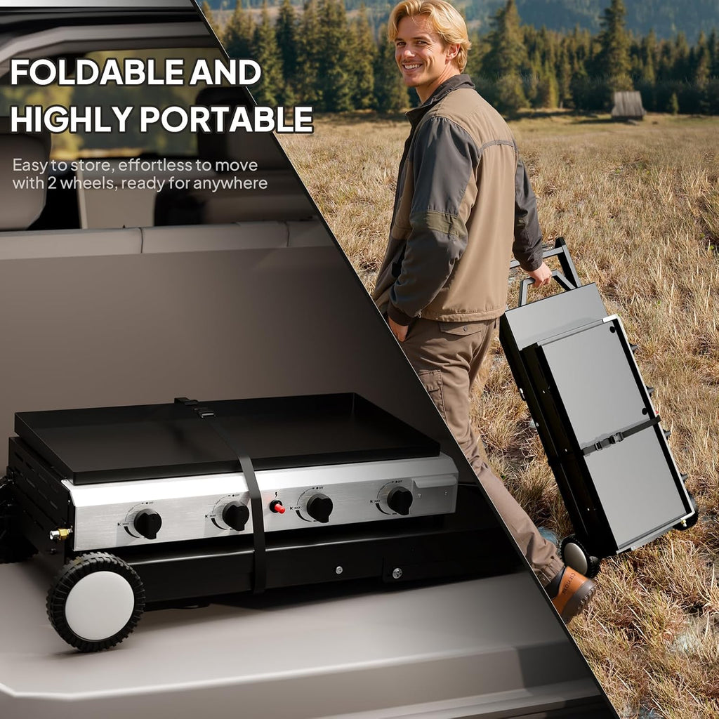 Bonnlo Foldable Flat Top Grill with 4 Burner, Powerful 40,000 BTU Propane Gas Grills with Ignition, Enamel Griddle, Side Shelf & Portable Cart with Wheels for Outdoor Camping Hibachi Grill Use