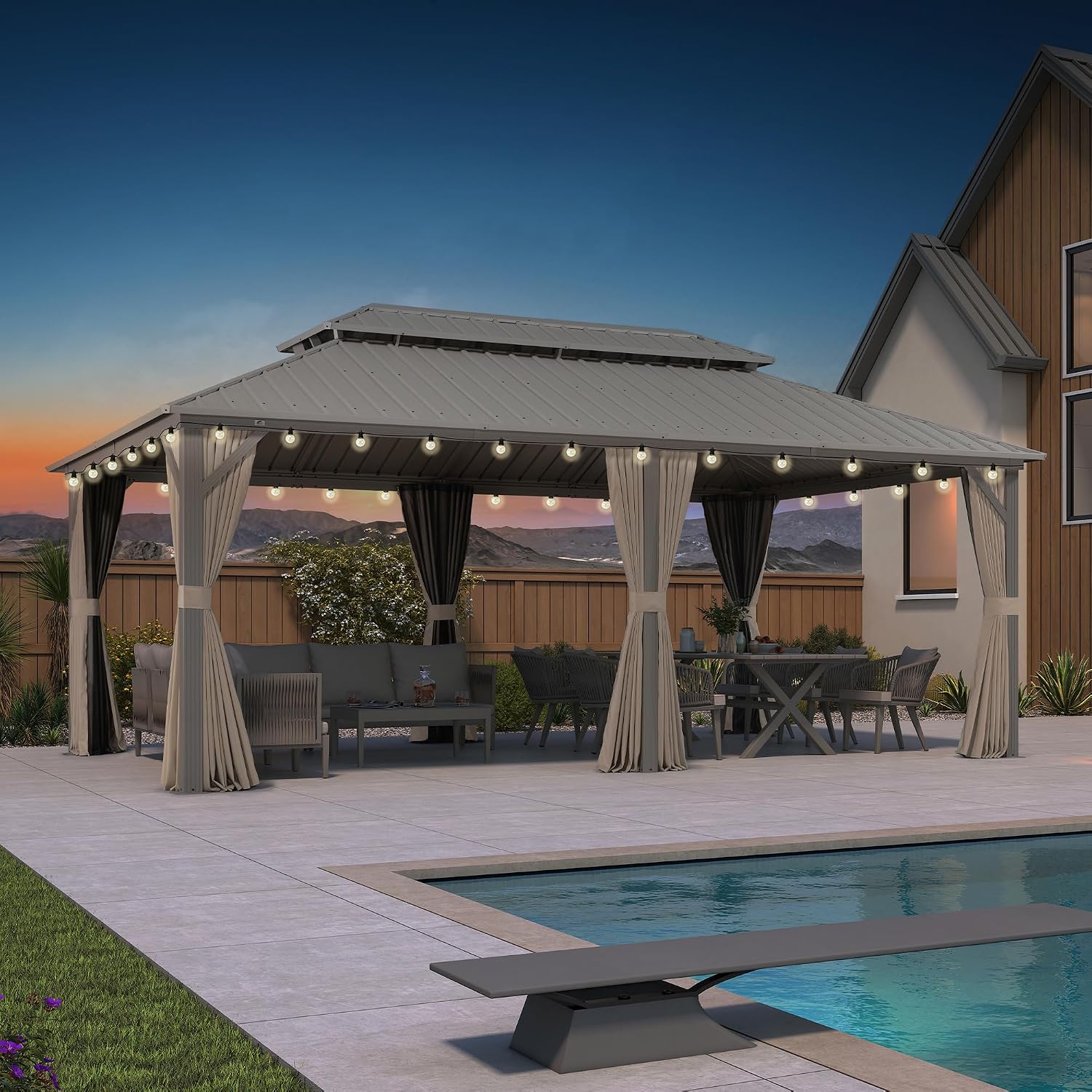 PURPLE LEAF 12' x 20' Outdoor Hardtop Gazebo, Patio Gazebo Champagne Aluminum Frame with Galvanized Steel Double Roof, Curtains and Netting for Patio Lawn and Garden