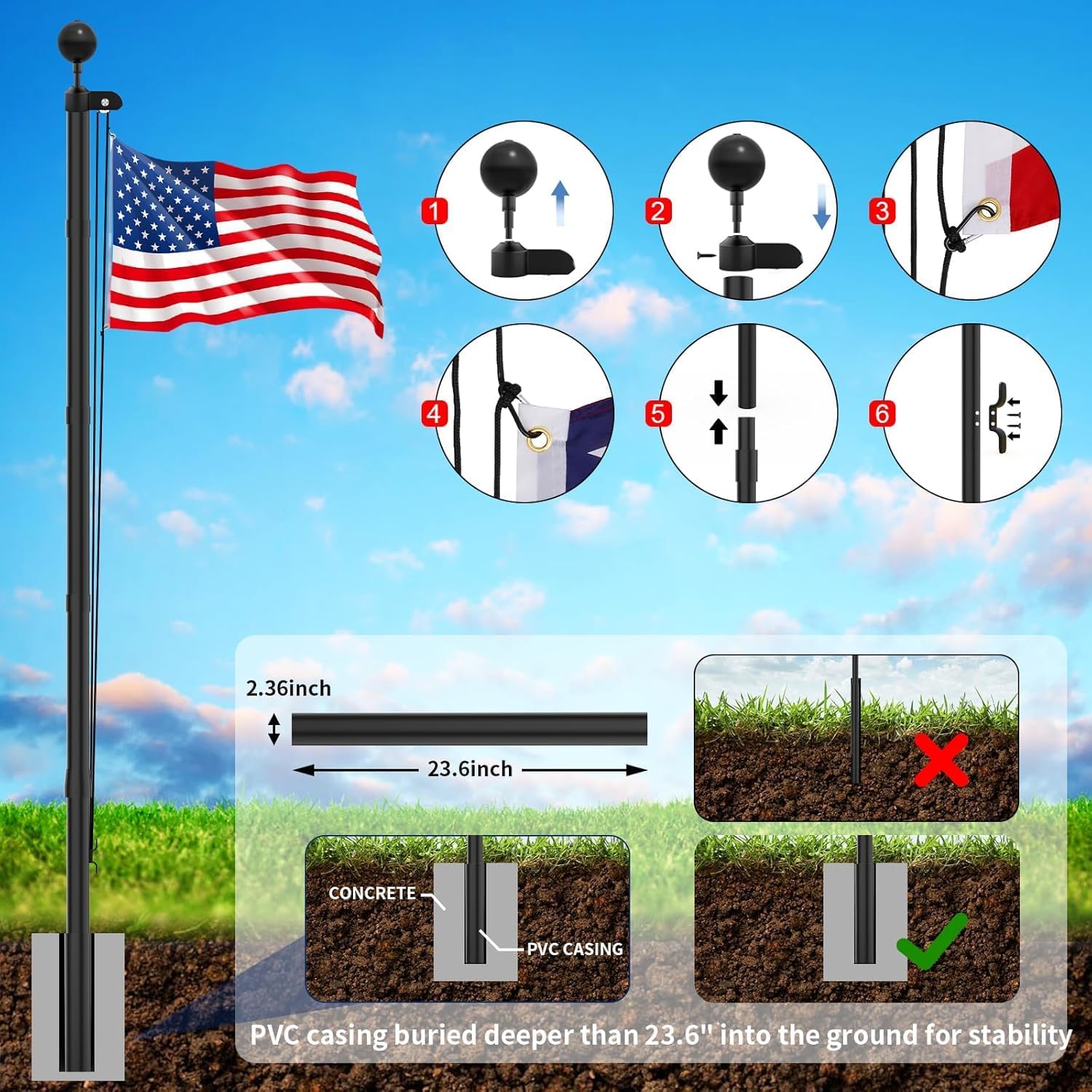 11 Gauge Heavy Duty Flag Pole,25FT Flagpoles for Outside House in Ground Extra Thick Outdoor Flag Pole Kit with 3x5 American Flag with Pole for Outside Residential and Commercial Flagpoles,Black