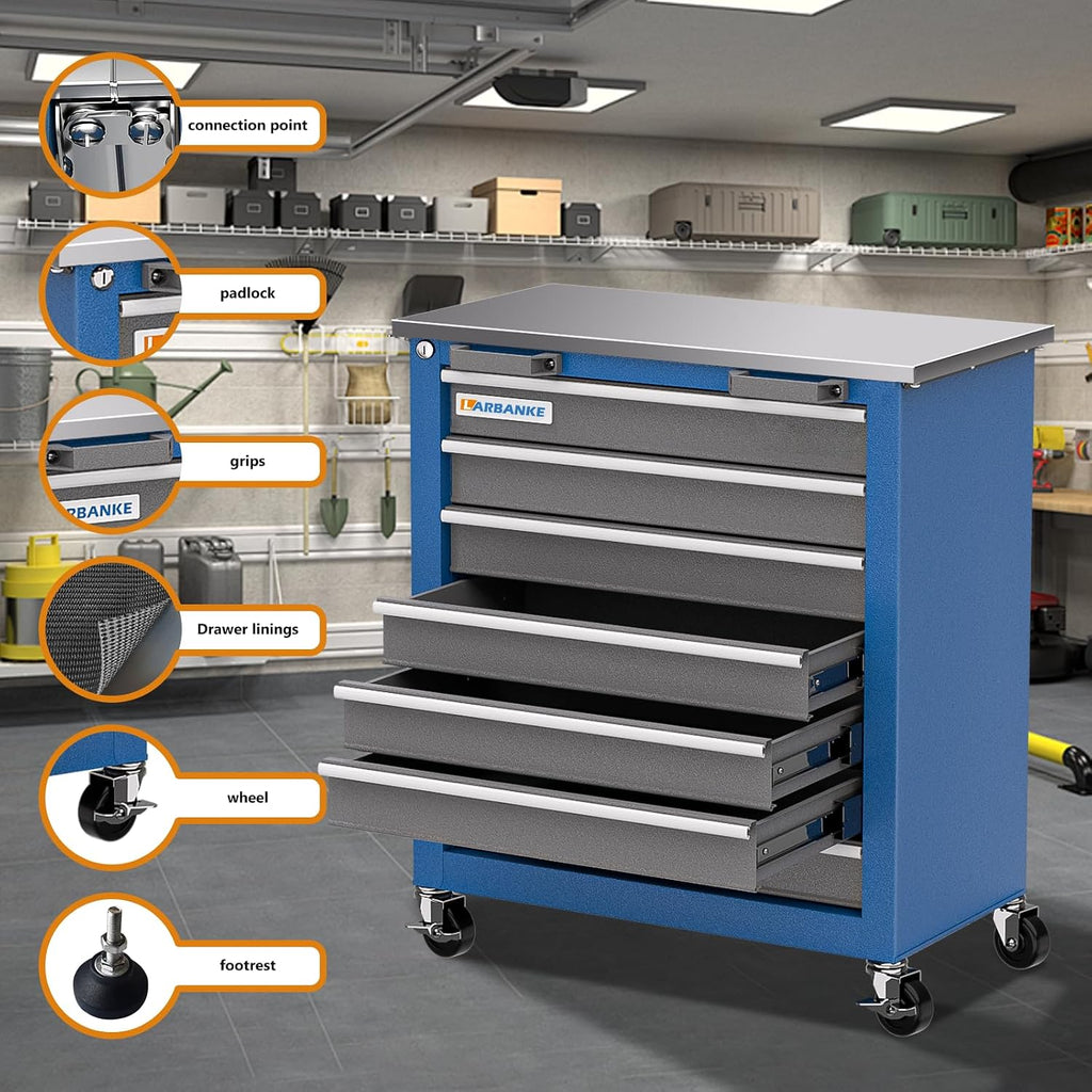 LARBANKE Combination 12-Drawer Tool Chest with Stainless Steel Countertop,7 Drawer 5 Drawer Tool Chest for Connected Use,Locking System Tool Storage Cabinet with Wheels and Padded Feet