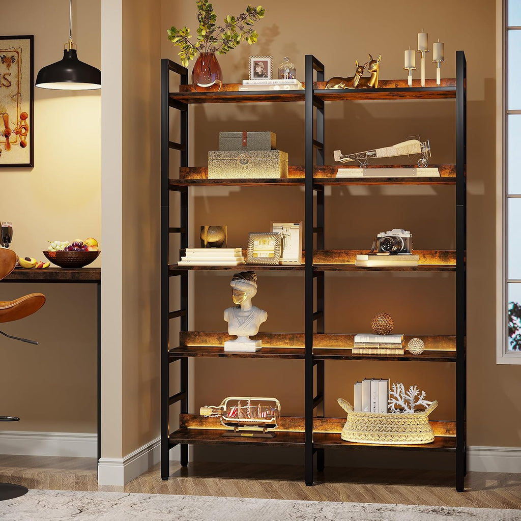 Tribesigns 5-Tier Industrial Bookshelf, 71'H x 47'W Etagere Bookcase, Freestanding Double Wide Book Shelf for Storage and Display, Wood and Metal Bookshelves for Living Room Home Office, Rustic Brown