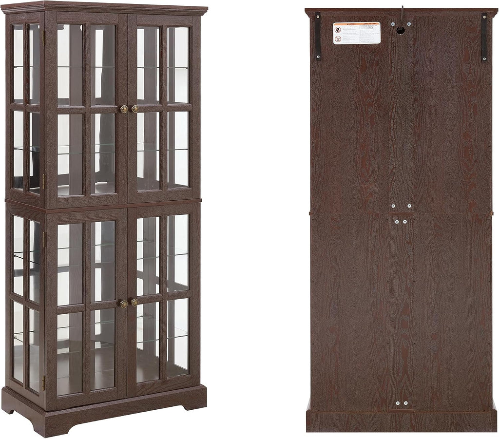 68' H Lighted Curio Display Cabinet Display Case,Wooden Glass Cabinet w/ 4 Glass Doors & Adjustable Shelves, 6 Tier Vintage Accent Storage Case w/Mirrored Back Pane for Home (Cherry)