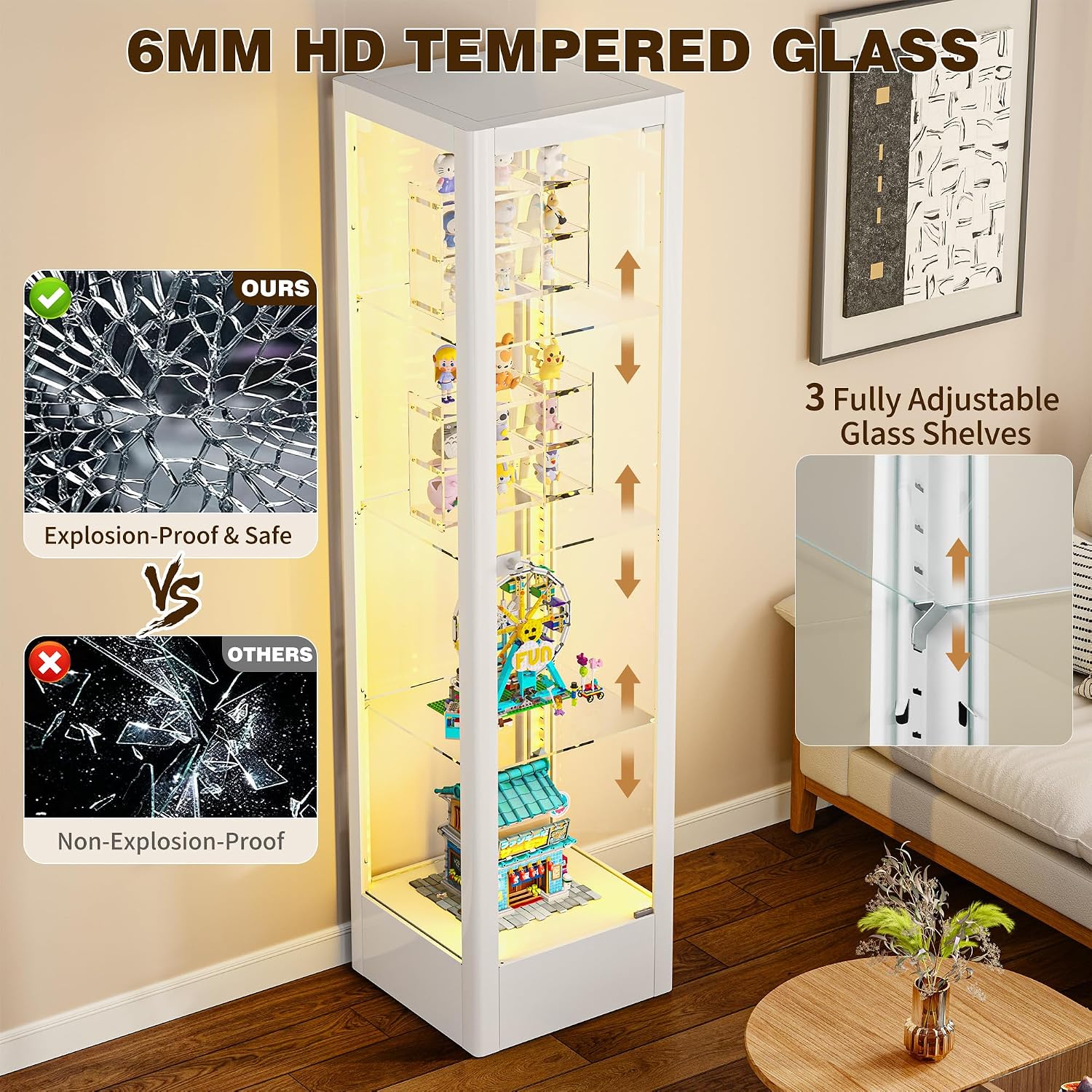 Glass Display Cabinet with Lock & 13 Color Light, Lighted Corner Curio Cabinet with Glass Door & Adjustable Shelves, Metal Display Case for Collectibles Figures Wine China, 15.7' W White