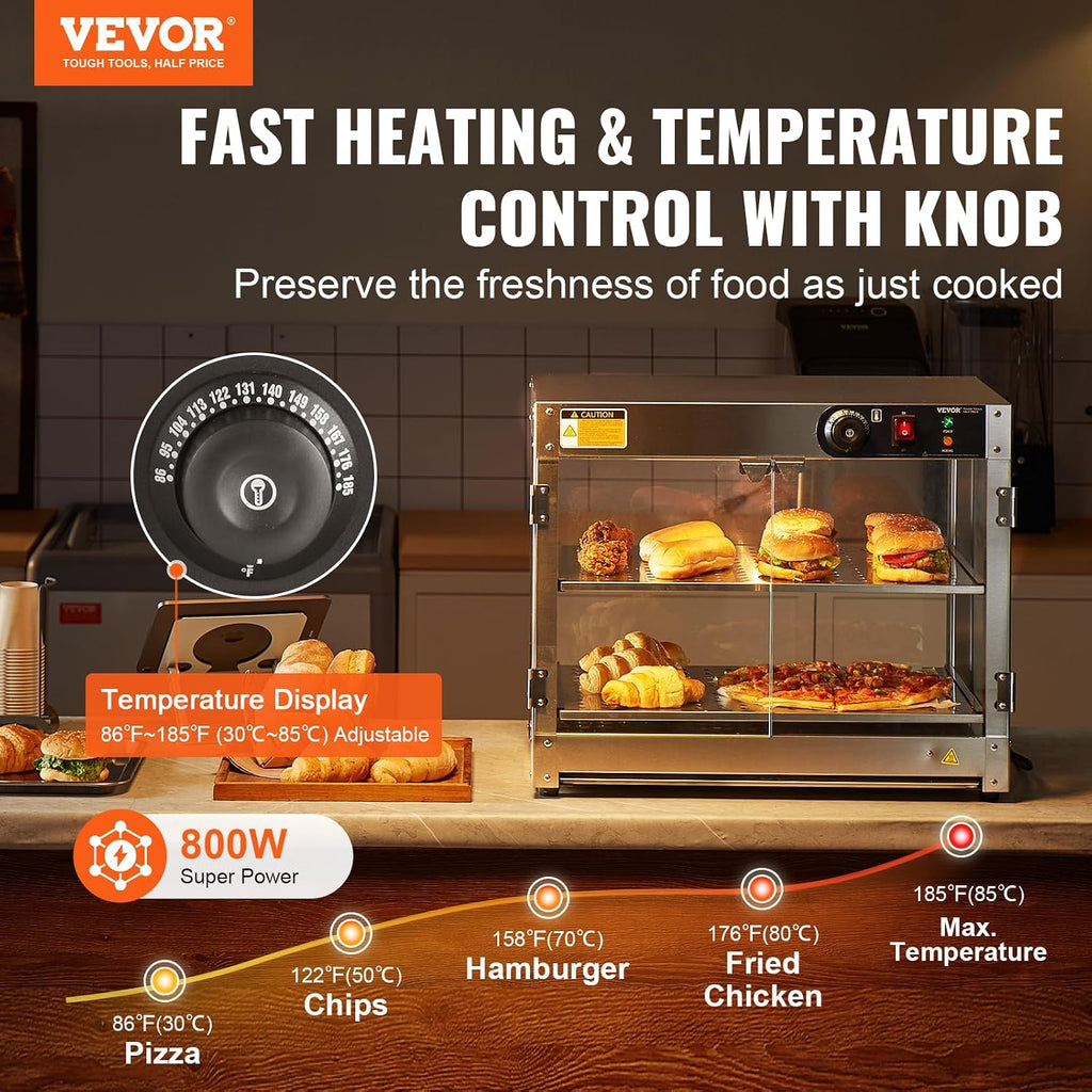 VEVOR 2-Tier Commercial Food Warmer Display, 800W Food Display Warmer with Light to Enhance Food Display, 86℉~185℉ Temperature Control, 58L Large Capacity for Hamburger, Pizza, Bread, Fried Chicken